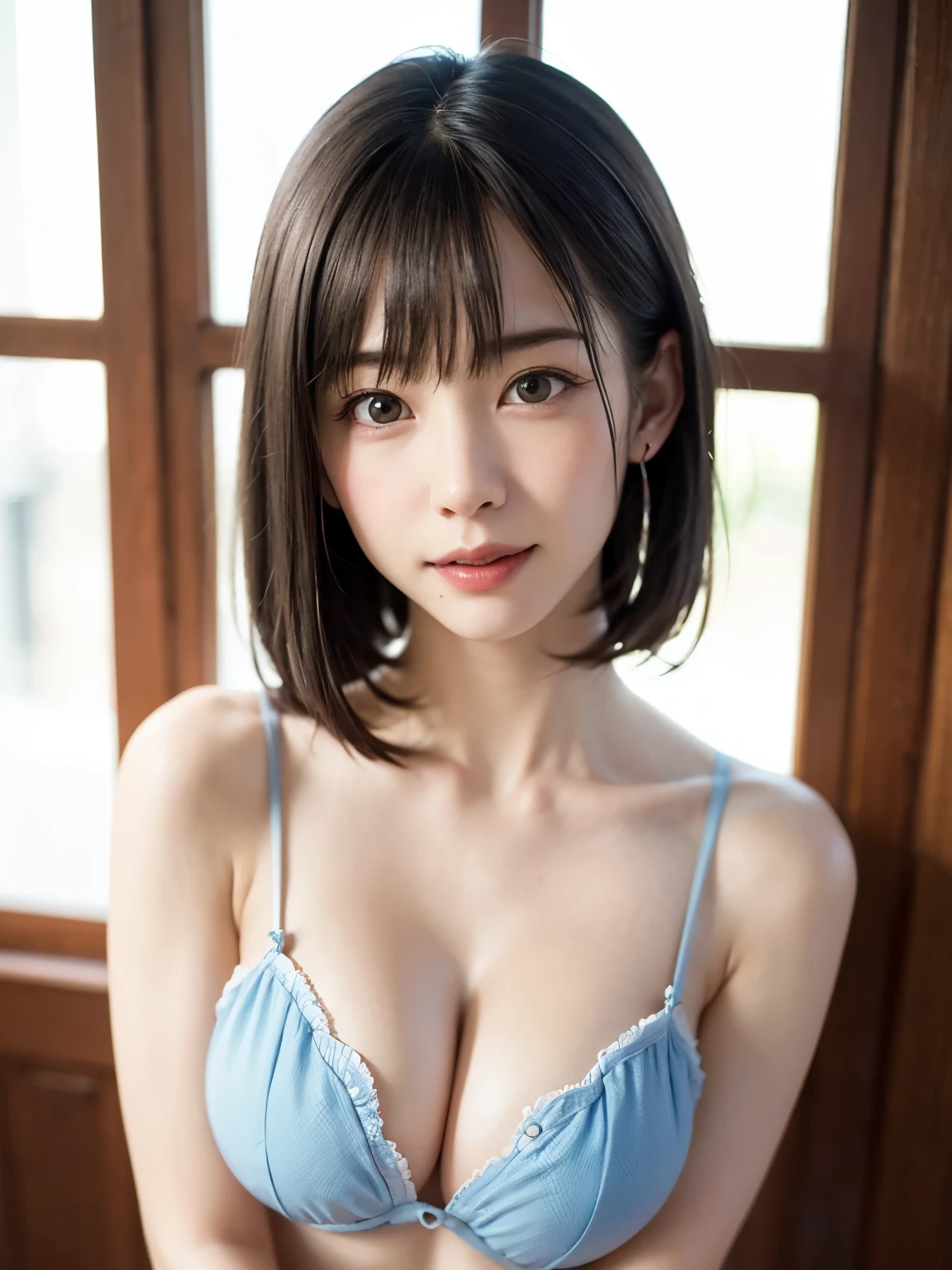 1 girl、highest quality、realistic、alone、Depth of written boundary、natural soft light、daytime、charm、beautiful face、cleanliness、pure face、white skin、cute、short hair、bangs、beach、Light of the sun、Nedium Breast Body Esbian、((セーター黄金比のbeautiful face 対称性のあるbeautiful face))、long neck、show me your ears、bangsのあるきれいな短いボブヘア、smile with your mouth closed、perfect hands指、perfect hands、perfect body、perfect face、Shine a light into your eyes、perfect anatomy:1.4、とてもcuteスーパーモデル:1.4、{Huge|big|Hugeな|mega} chest, cleavage、smile:1.6、Very beautiful teeth:1.6、beautiful decollete:1.6