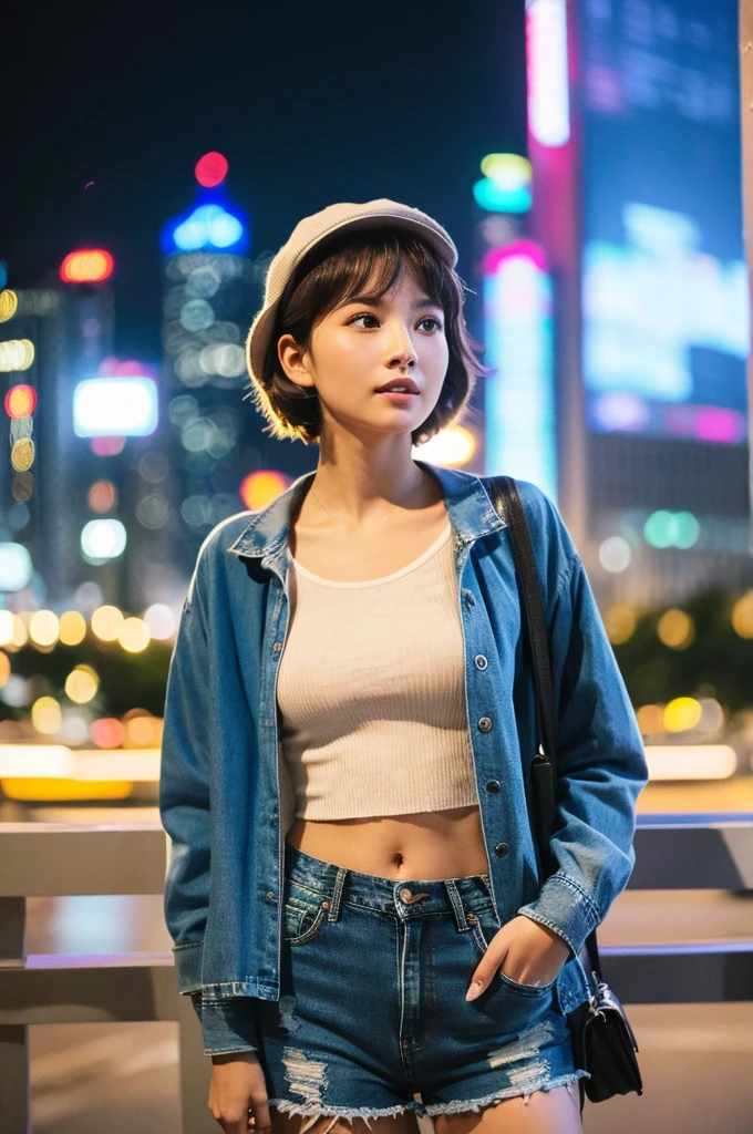 Ultra-realistic capture, Highly detailed, High resolution 16k close-up of human skin. Skin texture must be natural, With such detail that pores can be finely identified. Skin should look healthy, In a uniform tone. Use natural light and color, Full Body Shot, photo taken by Disposable camera, iso400, Casquette, Crop Top, Denim Shorts, Cardigan, handsome short hair, Natural makeup, look back, Buzzing cityscape at night with illuminated skyscrapers
