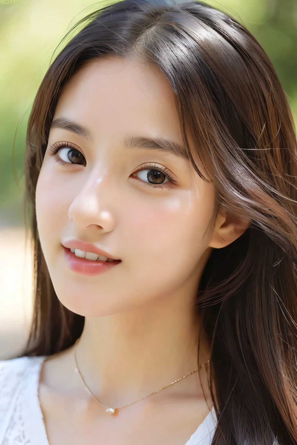(((32k,high details,high detail、masterpiece,attention to detail,alone))),Raw photo & realistic atmosphere,beautiful dark blue eyes,detailed mouth,glossy lips,thin eyebrows,fine eyes、Soft white skin that shines in every detail、her deep black eyes are so beautiful,lip details、very beautiful face,very well-shaped face、lifelike face,shining beautiful lips,beautiful eyebrows,infinite reality, Realistic young gravure idol,she'she'she'she'she'she's a very cute woman , young gravure idol, young gravure idol, Very beautiful and cute 21 year old beautiful girl,incredibly beautiful and classy,21 year old beautiful girl,natural soft light,(shiny hair,,Beautiful and kind eyes:1.5),gentle smile,well-shaped chest,medium long hair,tie hair,beautiful posture,no makeup,think ahead,