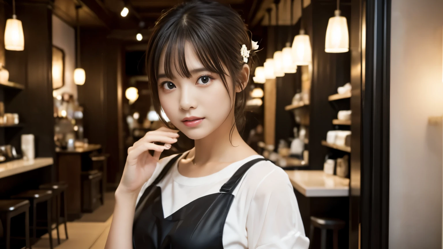 (((Cafe:1.3, Inside the store, Photographed from the front))), ((beauty salon model:1.3,Black and white bicolor dress, japanese woman, cute)), (clean, natural makeup), (highest quality, masterpiece:1.3, 超High resolution), (Super detailed, caustics), (realistic:1.4, RAW shooting), very detailed, High resolution, 16K resolution,neat clothes,CafeInside the storeで撮影