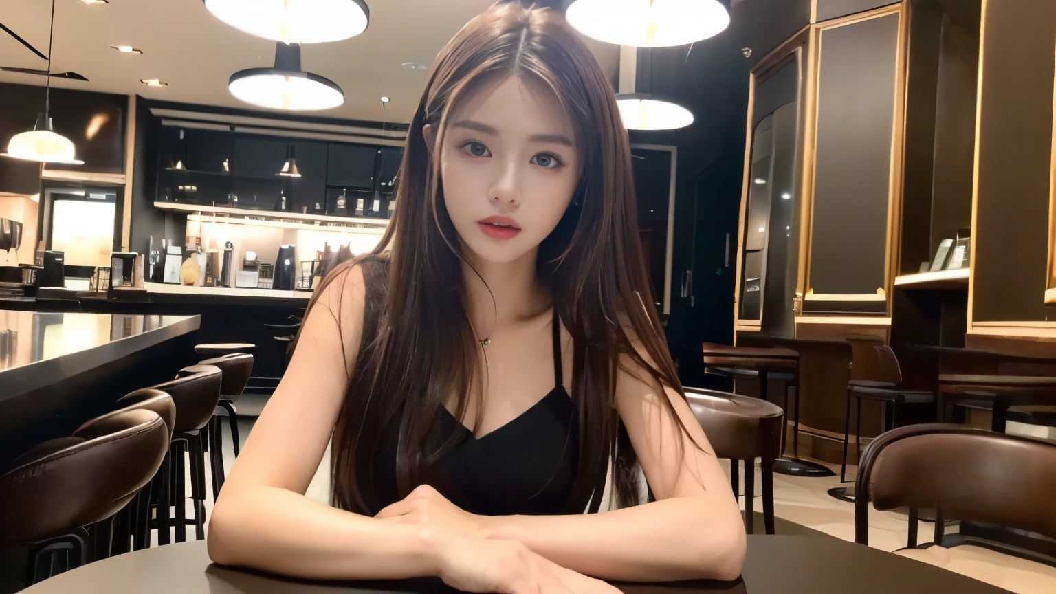 ((realistic lighting, best quality, 8K, master piece:1.3)), sharp focus:1.2, 1 girl, beautiful woman with perfect figure:1.2, ((dark brown hair)), (Leisure Set:1.2),Inside a stylish cafe,Extra-fine face,fine eyes,double eyelid,