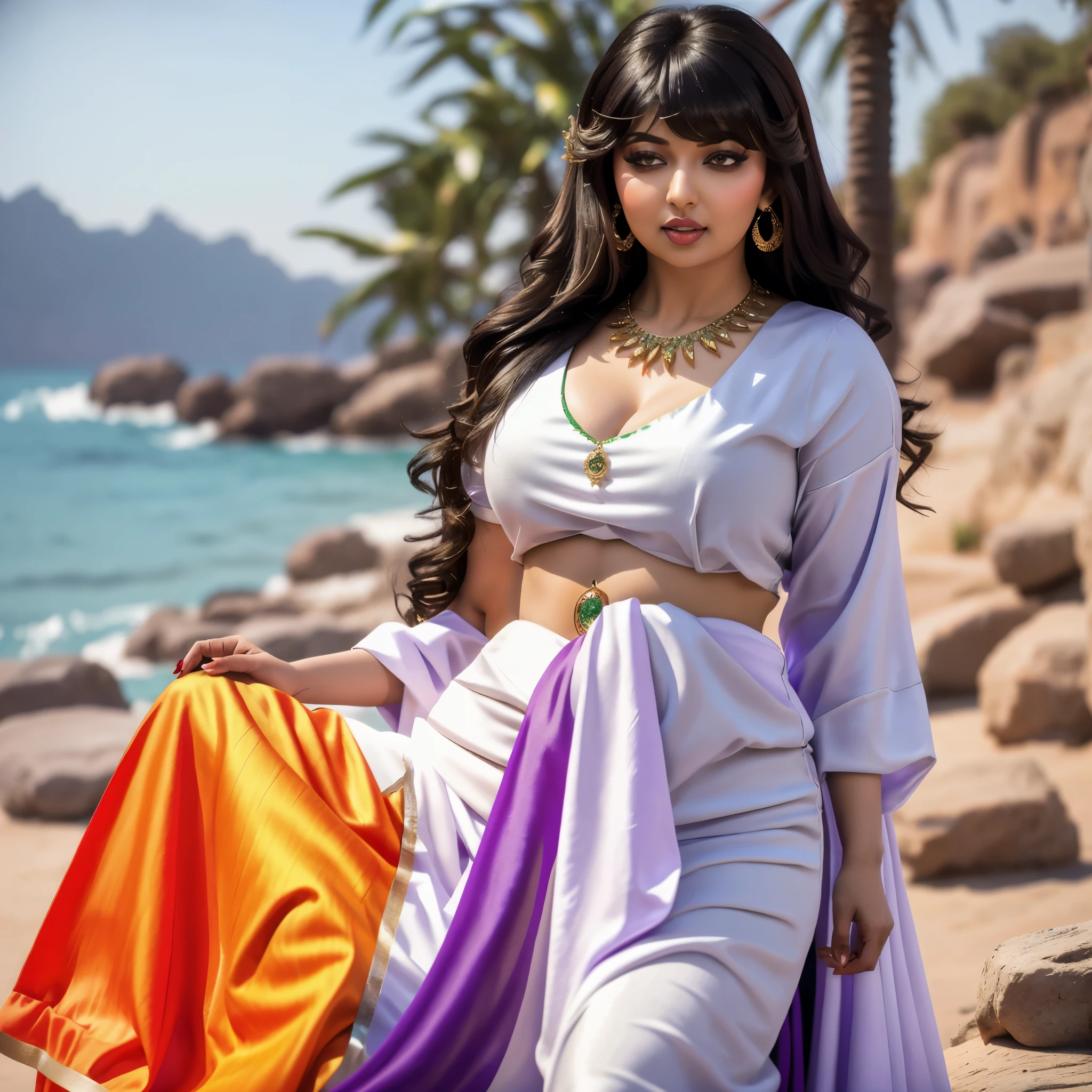 4k, beautiful, pretty face, , young, 20s, (masterpiece:1.2), (best quality:1.2), (tiny waist:1.3), wide hips, necklace, perfect eyes, White eyes, white pupils, perfect face, perfect lighting, (shy:1.2), introvert, looking away, blush, (1girl) , black hair, violet outfit, (straight hair), wide mouth, thick lips, india, Hinduism, indian clothes, a close up portrait photo of beautiful Ayesha Takia , Ayesha Takia , black hair, violet and white dress, orange clothes, white clothes, green clothes, indian flag dress, a woman in a sari posing for a picture in a park, sexy movie photo, sexy girl with dark complexion, indian super model, indian goddess, provocative indian, sexy girl, her belly button is exposed, she has a jiggly fat round belly, very attractive and beautiful, desi, curvaceous. detailed expression, tummy, curves!!, seductive lady
