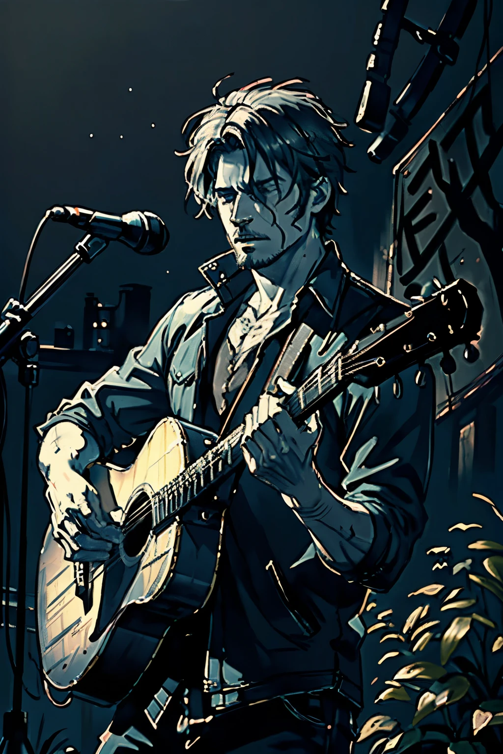 NSFW, (((Masterpiece, Best Quality, photograph realistic))), (Moody Atmosphere), (nfsw, 8K Wallpaper, High resolution), Depressing Scene, Gothic Lighting, Foggy Background, Abandoned Valley, (One man, a singer:1.5), (Wearing worn-out clothes, unkempt hair), (Strumming a guitar, deep voice), (His voice echoes through the valley), (Searching for connection, reaching out to the audience), (Hands stained with charcoal, drawing on a canvas), (A soulful rendition of a sad ballad), (A haunting melody, evoking emotions