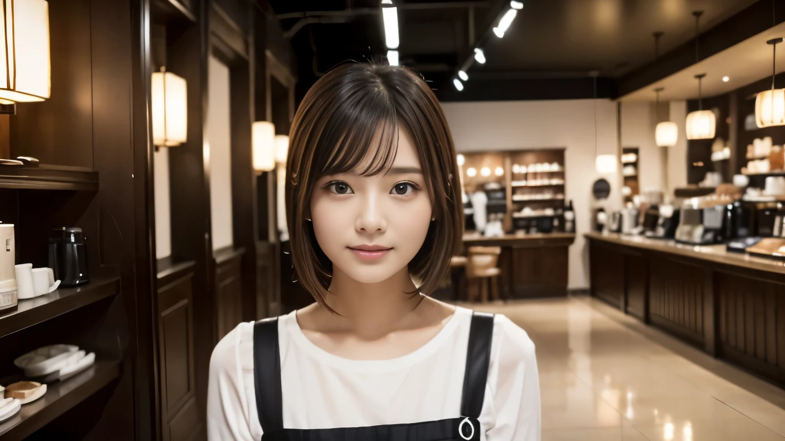 (((Cafe:1.3, Inside the store, Photographed from the front))), ((beauty salon model:1.3,Black and white bicolor dress, japanese woman, cute)), (clean, natural makeup), (highest quality, masterpiece:1.3, 超High resolution), (Super detailed, caustics), (realistic:1.4, RAW shooting), very detailed, High resolution, 16K resolution,neat clothes,CafeInside the storeで撮影