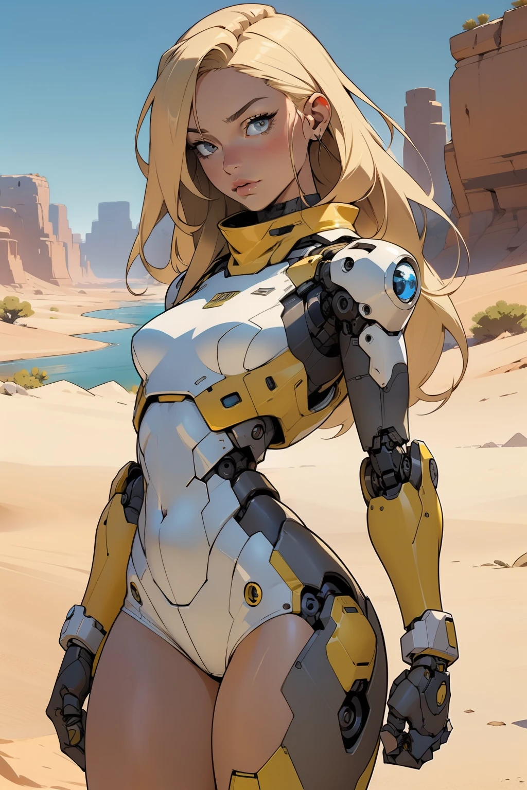 high quality, 4k, masterpiece, beautiful, cyborg girl, cowboy shot, dull eyes, front, looking at viewer, long blonde hair, girl, small breasts, fit thighs, robotic arms, robotic body, cyborg body, yellow & white uniform, red accent, intricate detail, joint, detailed lines, robotic detail, holding fist up, holding hand up as fist, color robotic parts, robotic parts with color, perfect fingers, on a desert planet, sunny background, colorful desert, a river or a lake in the background, slender thighs, skinny thighs,