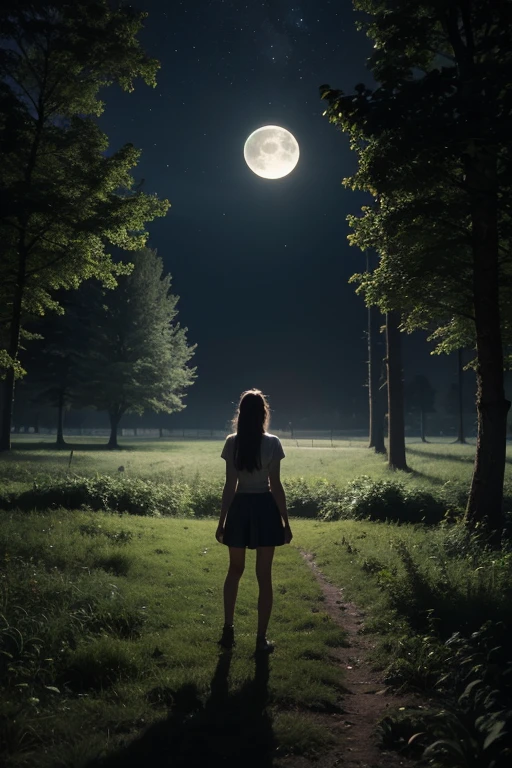 Moonlight in countryside of farm with a farm girl in the middle reaching to the moon and a shadow of a guy in the forest side