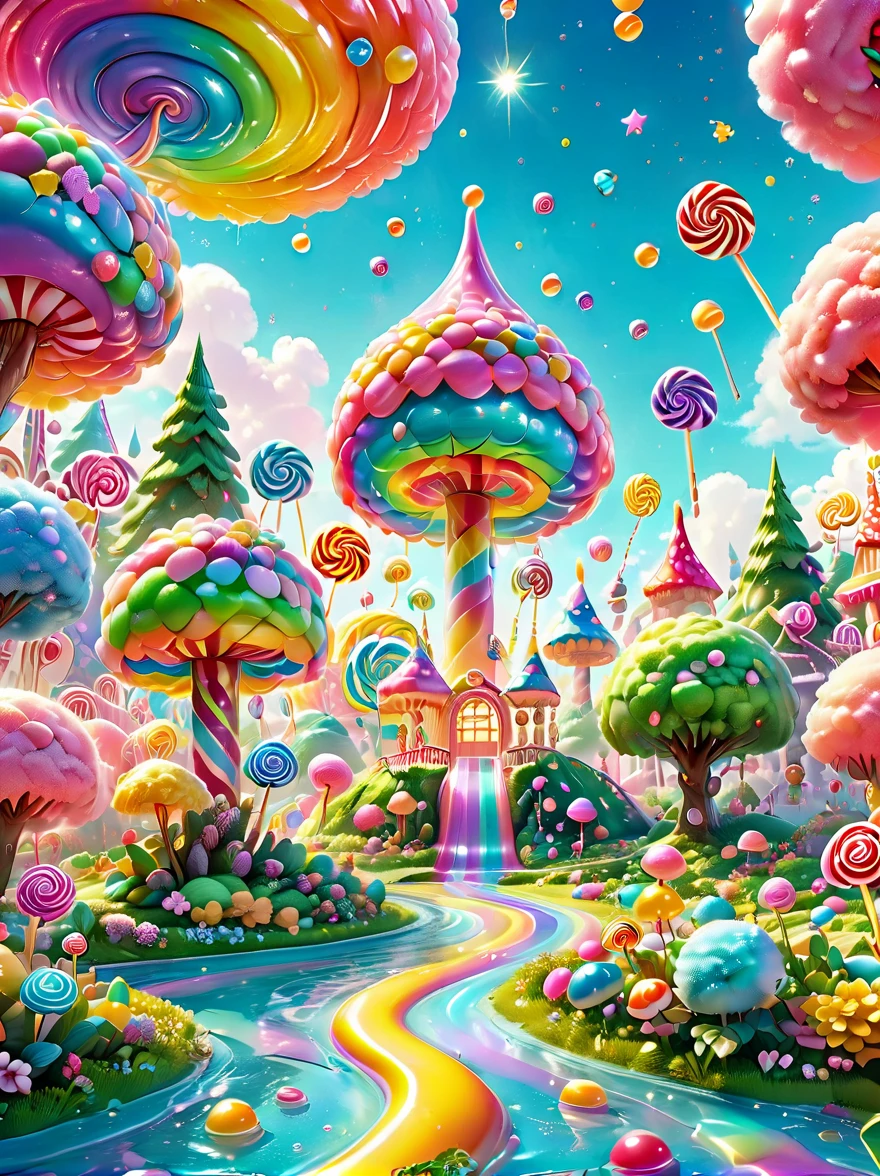 candyland,  Amusement park made of candy, magical forest, colorful candy towers, glistening rooftops, rainbow bridge, honey river, sparkly water, sweet aroma, lollipop trees, cotton candy bushes, vibrant lively atmosphere, floating shiny particles, children playing, candy slides, jelly trampolines, photo real, Shot on a 50mm lens, classic composition, masterpiece, exquisite, color correction, amazing visual effects, crazy details, intricate details, sharp focus, super high effect, HD, 8k