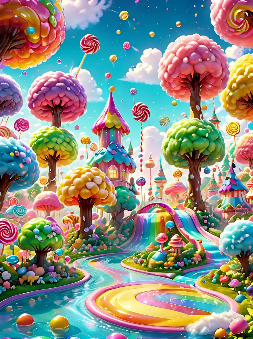 candyland,  Amusement park made of candy, magical forest, colorful candy towers, glistening rooftops, rainbow bridge, honey river, sparkly water, sweet aroma, lollipop trees, cotton candy bushes, vibrant lively atmosphere, floating shiny particles, children playing, candy slides, jelly trampolines, photo real, Shot on a 50mm lens, classic composition, masterpiece, exquisite, color correction, amazing visual effects, crazy details, intricate details, sharp focus, super high effect, HD, 8k