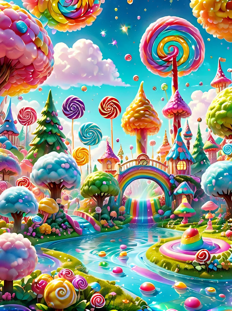 candyland,  Amusement park made of candy, magical forest, colorful candy towers, glistening rooftops, rainbow bridge, honey river, sparkly water, sweet aroma, lollipop trees, cotton candy bushes, vibrant lively atmosphere, floating shiny particles, children playing, candy slides, jelly trampolines, photo real, Shot on a 50mm lens, classic composition, masterpiece, exquisite, color correction, amazing visual effects, crazy details, intricate details, sharp focus, super high effect, HD, 8k