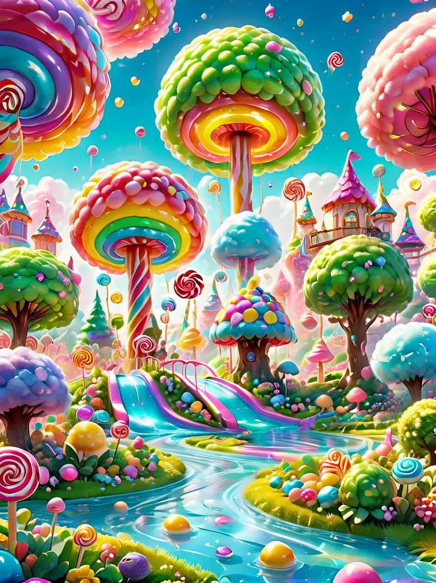 candyland,  Amusement park made of candy, magical forest, colorful candy towers, glistening rooftops, rainbow bridge, honey river, sparkly water, sweet aroma, lollipop trees, cotton candy bushes, vibrant lively atmosphere, floating shiny particles, children playing, candy slides, jelly trampolines, photo real, Shot on a 50mm lens, classic composition, masterpiece, exquisite, color correction, amazing visual effects, crazy details, intricate details, sharp focus, super high effect, HD, 8k