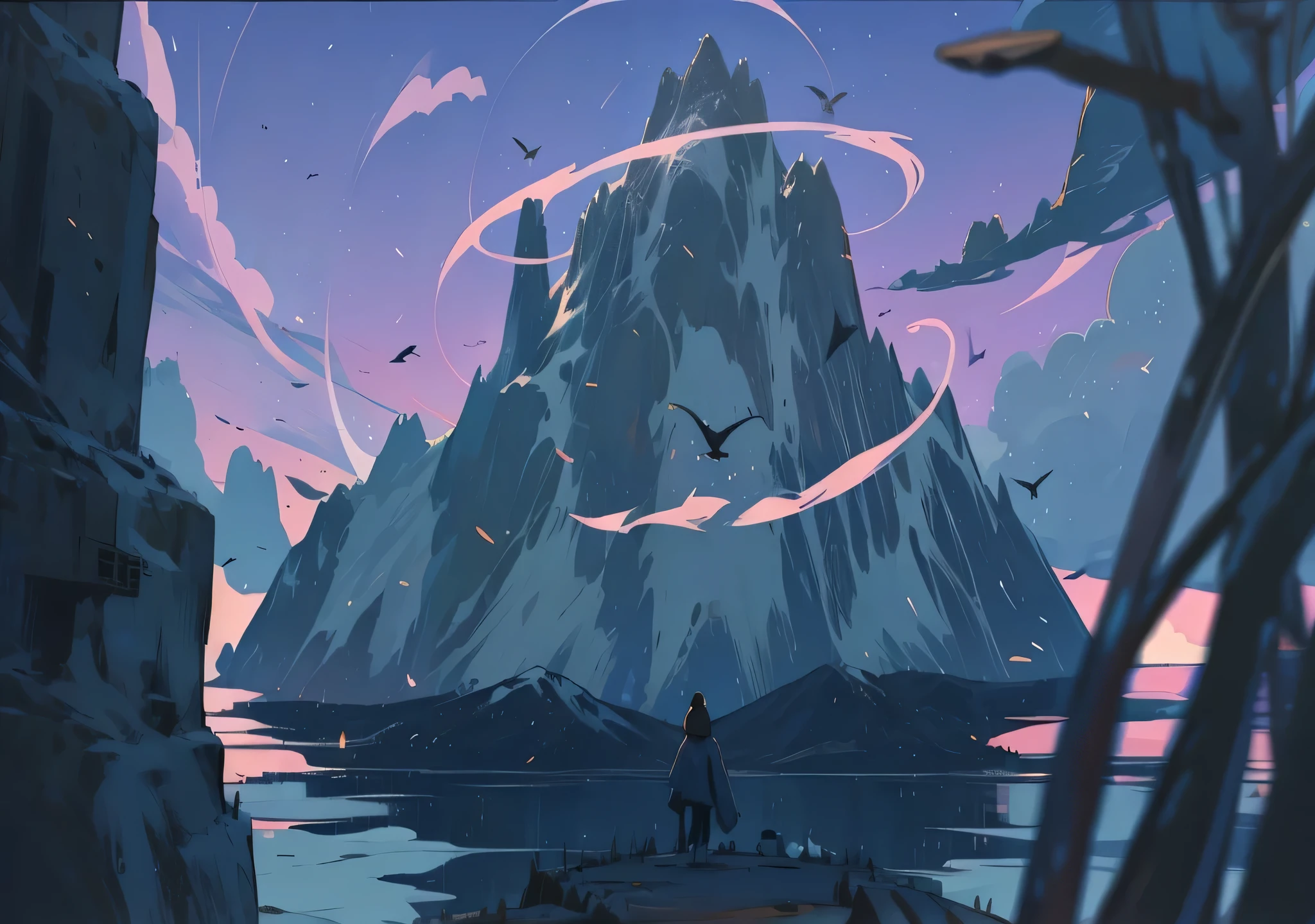 A surreal masterpiece,It presents a beautiful and spectacular view of dusk。Background of snow mountain formation,Birds fly in the sky,Accompanied by colorful sunsets and fantastic sky reflections。The beautiful sky is like a flame,Dingdall effect,Beautiful light,This 8K picture creates a fantastic atmosphere,Colorful clouds are suspended in it,Create surreal visual experiences
