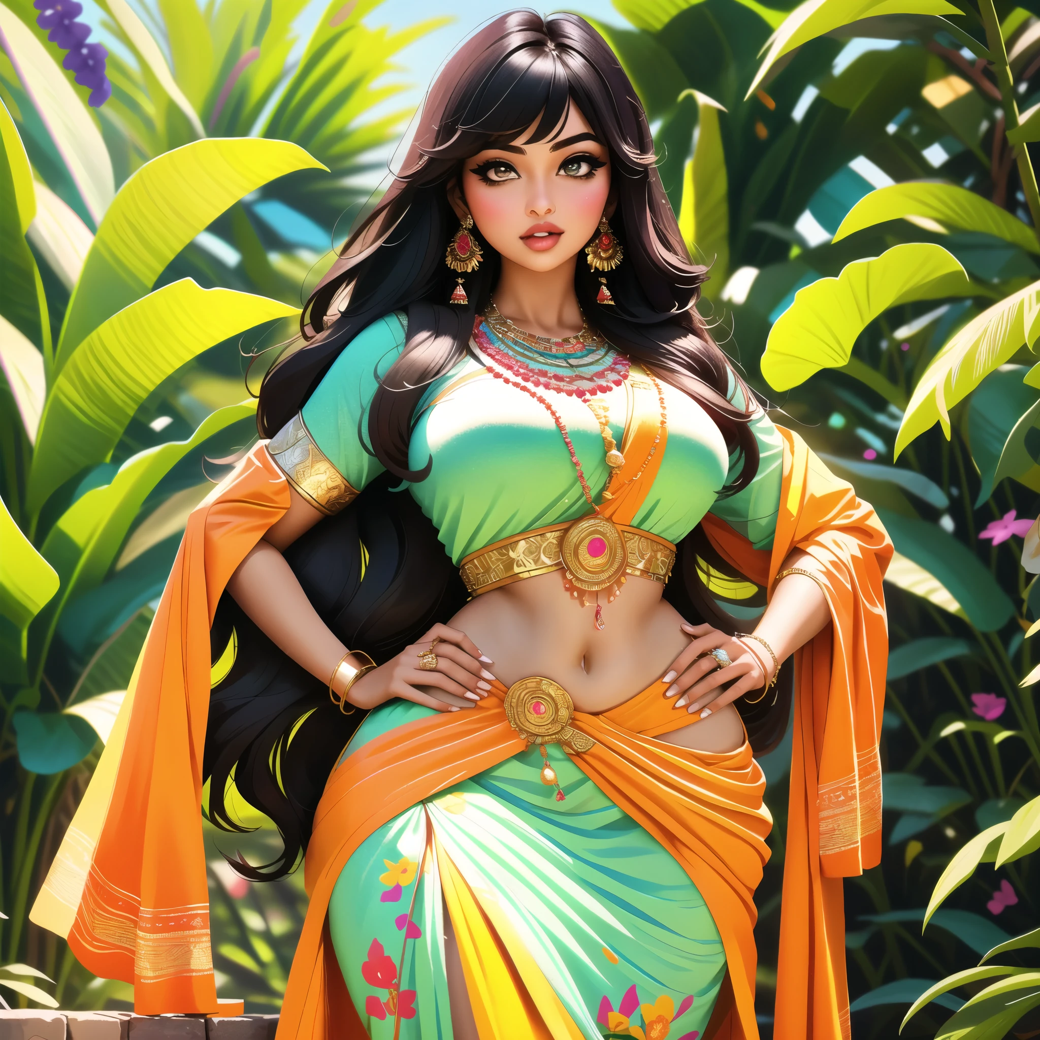 4k, beautiful, pretty face, , young, 20s, (masterpiece:1.2), (best quality:1.2), (tiny waist:1.3), wide hips, necklace, perfect eyes, White eyes, white pupils, perfect face, perfect lighting, (shy:1.2), introvert, looking away, blush, (1girl) , black hair, violet outfit, (straight hair), wide mouth, thick lips, india, Hinduism, indian clothes, a close up portrait photo of beautiful Ayesha Takia , Ayesha Takia , black hair, violet and white dress, orange clothes, white clothes, green clothes, indian flag dress, a woman in a sari posing for a picture in a park, sexy movie photo, sexy girl with dark complexion, indian super model, indian goddess, provocative indian, sexy girl, her belly button is exposed, she has a jiggly fat round belly, very attractive and beautiful, desi, curvaceous. detailed expression, tummy, curves!!, seductive lady