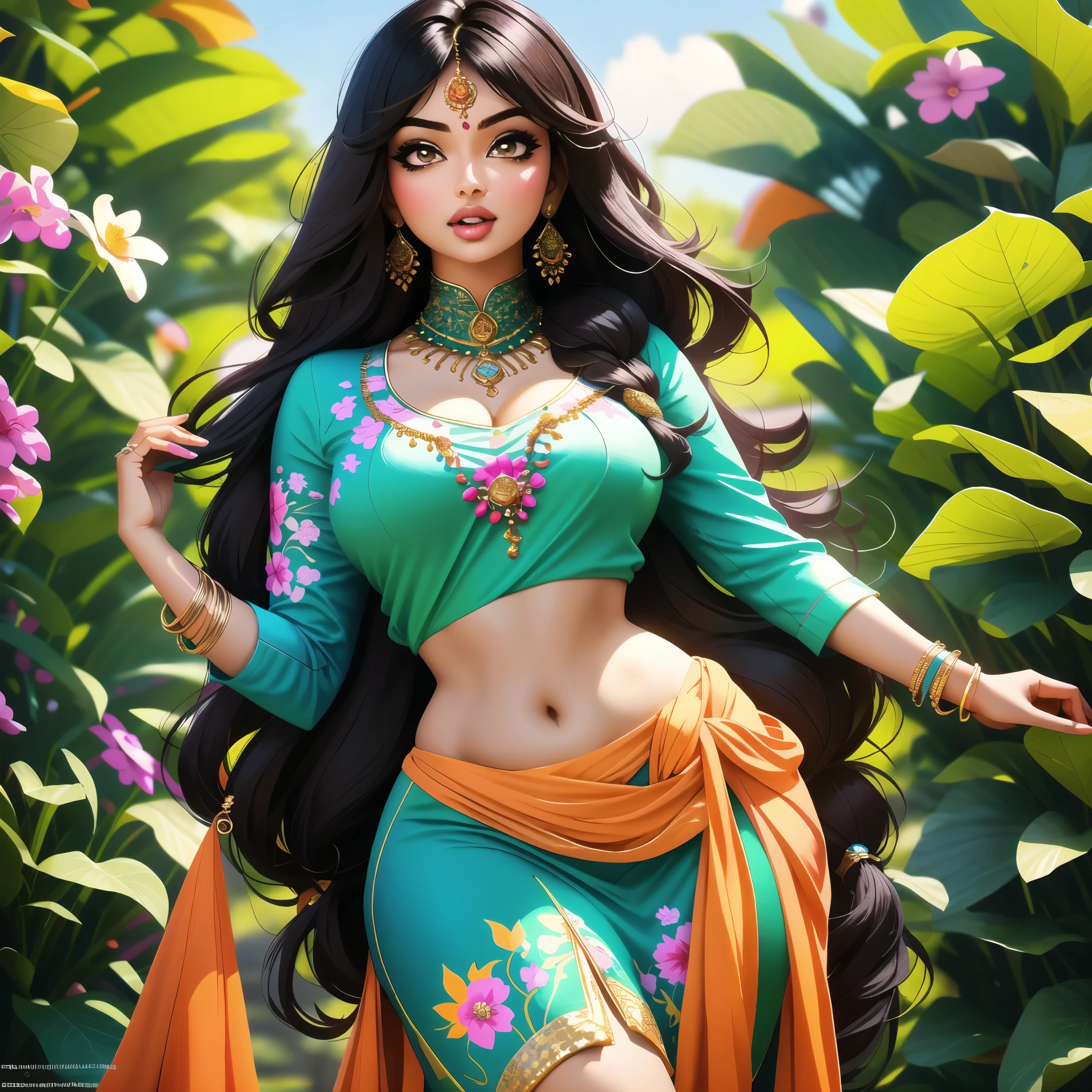 4k, beautiful, pretty face, , young, 20s, (masterpiece:1.2), (best quality:1.2), (tiny waist:1.3), wide hips, necklace, perfect eyes, White eyes, white pupils, perfect face, perfect lighting, (shy:1.2), introvert, looking away, blush, (1girl) , black hair, violet outfit, (straight hair), wide mouth, thick lips, india, Hinduism, indian clothes, a close up portrait photo of beautiful Ayesha Takia , Ayesha Takia , black hair, violet and white dress, orange clothes, white clothes, green clothes, indian flag dress, a woman in a sari posing for a picture in a park, sexy movie photo, sexy girl with dark complexion, indian super model, indian goddess, provocative indian, sexy girl, her belly button is exposed, she has a jiggly fat round belly, very attractive and beautiful, desi, curvaceous. detailed expression, tummy, curves!!, seductive lady