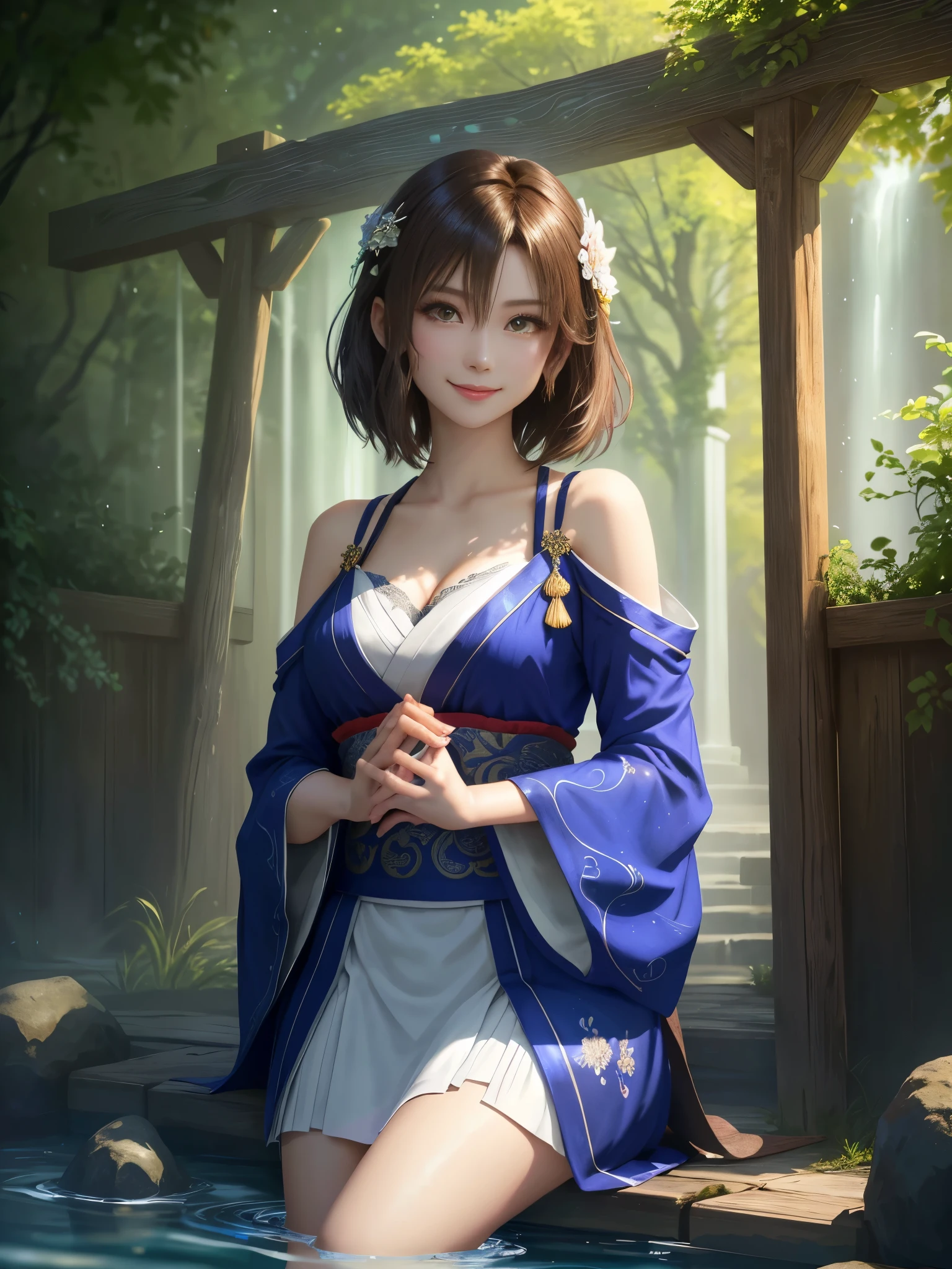 masterpiece , best quality,smile,smile,small face,shoulder exposure,golden kimono,A little cleavage exposure,double eyes,Beauty,beautiful woman,beautiful girl,Stand firmly on both feet,charm,adult,lure,Big eyes,light brown hair,Mysterious世界,god of water殿,in the forest,god of water,Mythical God,水色のMysterious雰囲気,Water sources surround the area,水色のMysterious背景,Gorgeously curled hair,slender body shape,brown eyes,Faithfully reproduced contrast,short hair,Beautiful short hair,Berry Short,short cut hair,Just One,Precision quality,A faithful reproduction of the human eye,水色のMysterious雰囲気,水色のMysterious背景,beautiful details, colorful, delicate details, delicate lips, intricate details, genuine, ultrargenuineista, Mature, bright eyes, raposa de Beautiful digital art,shrine maiden,exquisite digital illustration, mizutsune,pixiv in digital art, shining light, high contrast, Mysterious,Take center,view audience