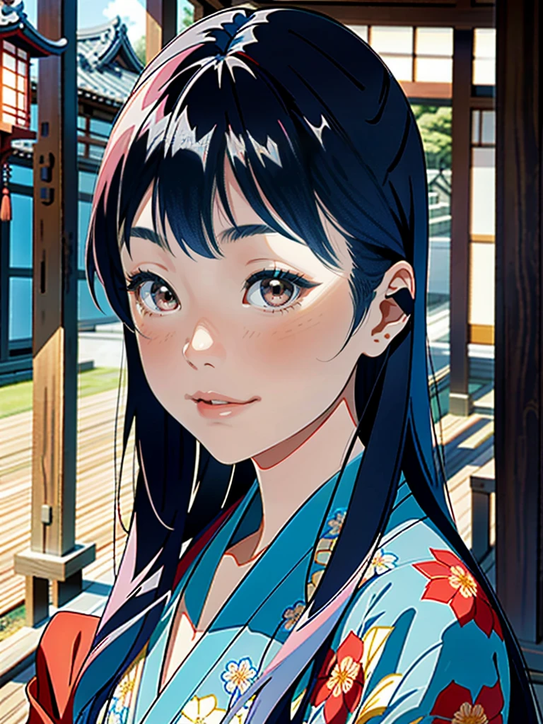Close-up of a woman with long hair and blue kimono, beautiful japanese girl face, Chiho, Real young gravure idol, Cute girl - well-groomed face, face of young cute asian man, cute - well-groomed - face, by Torii Kiyomoto, sakimichan, sakimi chan, Yoshitomo Nara