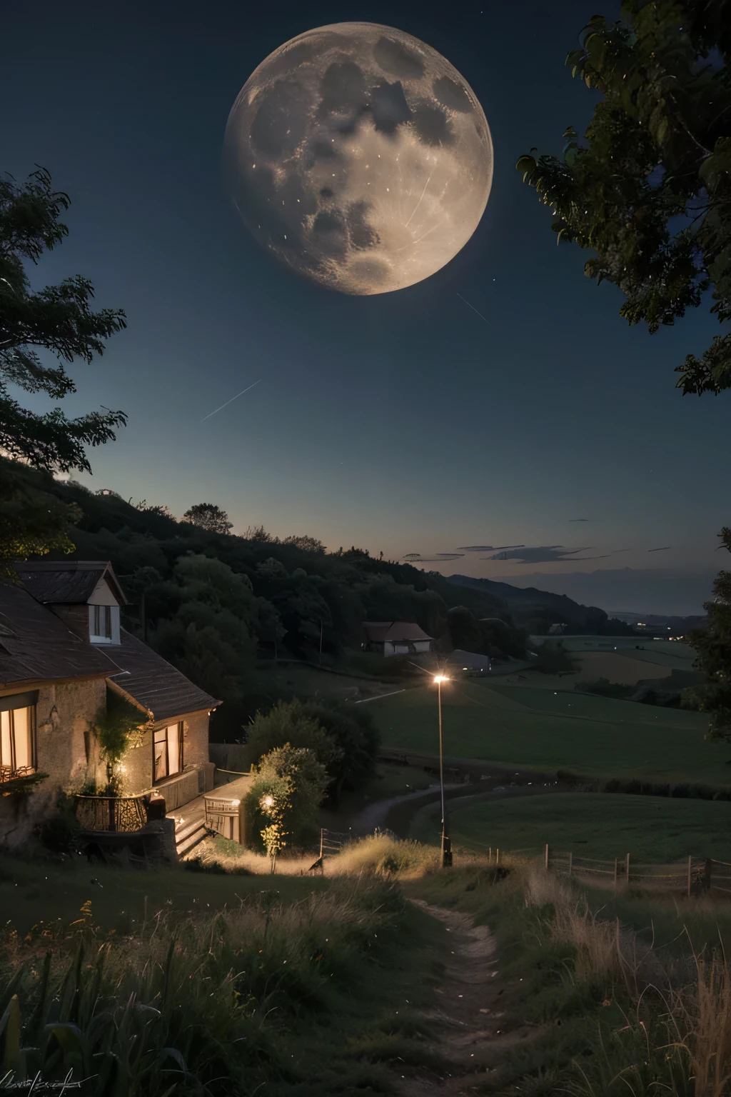 Moonlight in countryside with farmgirl (scenery) (fantasy)