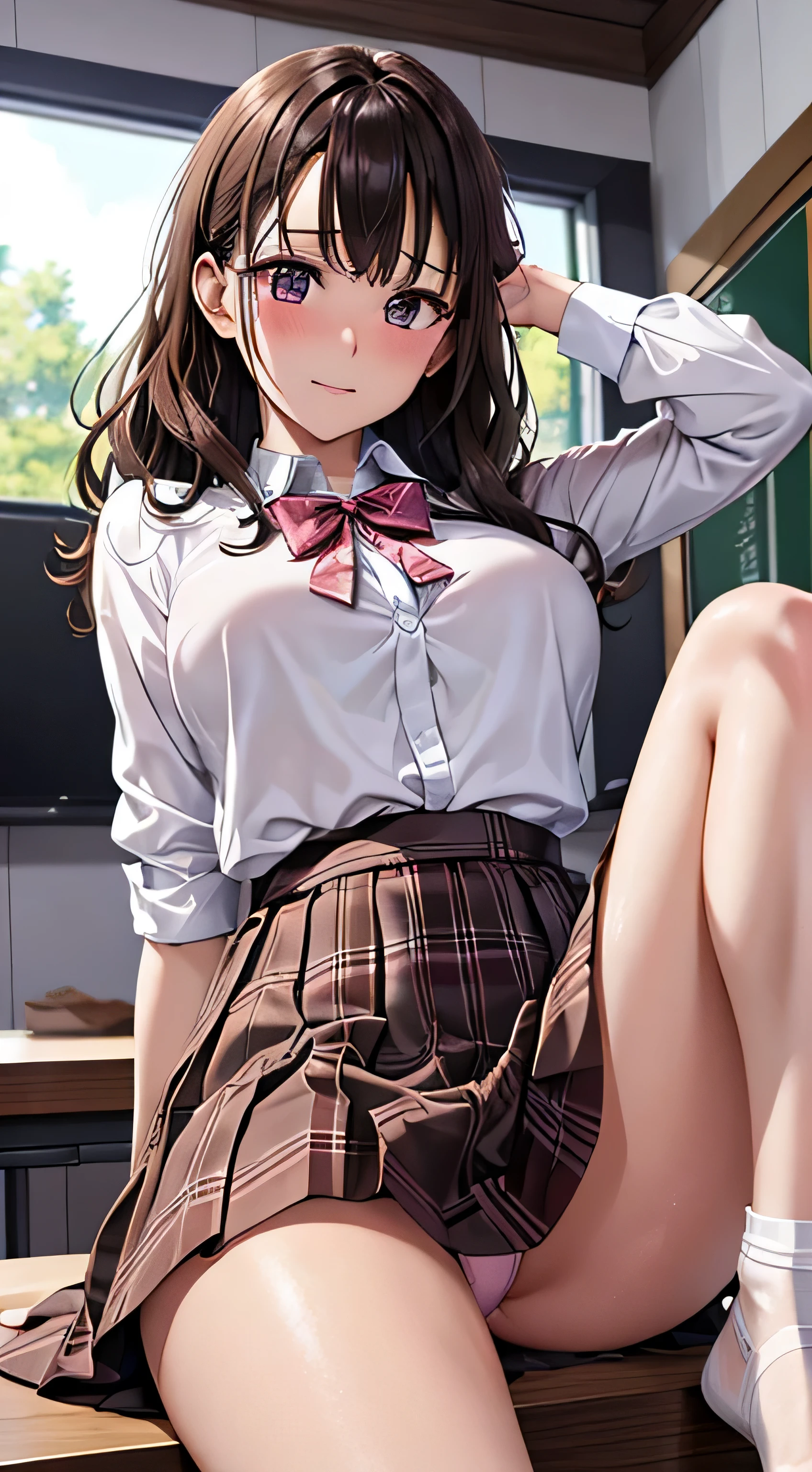 ((table top, highest quality, High resolution, nffsw, perfect pixel, 4k, nffsw, nffsw))), 1 girl, single, alone, beautiful woman、I could see the whole body、 ((short wavy hair, bangs, brown hair)), ((brown eyes, beautiful eyelashes, realistic eyes)), ((detailed face, blush:1.2)), ((smooth texture:0.75, realistic texture:0.65, realistic:1.1, Anime CG style)), ??????????????, dynamic angle, perfect body, ((school uniform,  white shirt, black skirt, unbuttoned shirt、plaid skirt、not wearing shoes、white socks)), classroom without people、sit at desk、..、evening、、、Very embarrassing panic smile、(lift the skirt with your right hand、open your ????????? your knees wide、pink floral lace panties)、、(pink lace bra)、angle from below