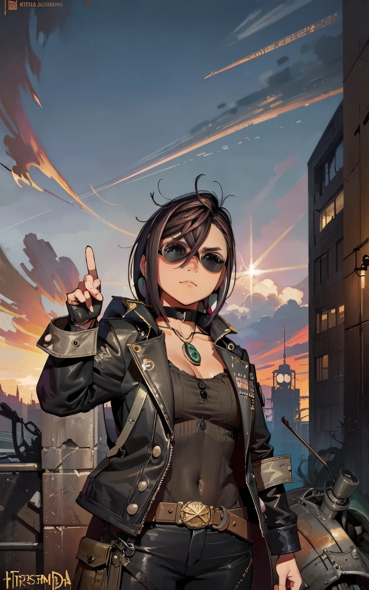 ambiente steampunk, dramatic art, estilo de arte dieselpunk, apocalyptic road warrior vibe, a girl wearing beautiful mirrored sunglasses that reflects everything around her, arte digital surrealista, Mad Max inspirado, heavy metal artwork, simetria da face cromada, arte steampunk digital, no estilo Mad Max, metal art, not art style by Filip Hodas, arte digital steampunk, dieselpunk, em um mundo hightech