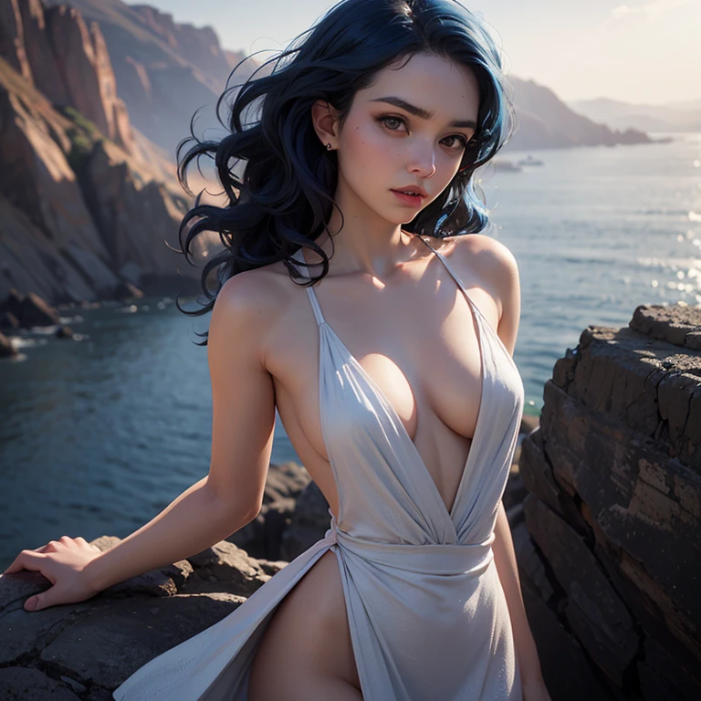 (sharp focus:1.2), photo, attractive young woman, (beautiful face:1.1), detailed eyes, luscious lips, (smokey eye makeup:0.85), (tiny breasts:1.3), (fragile body:1.2), (wavy blue hair:1.2), wearing (revealing dress:1.2) on a (cliffside:1.2). (moody lighting:1.2), depth of field, bokeh, 4K, HDR. by (James C. Christensen:1.2|Jeremy Lipking:1.1).