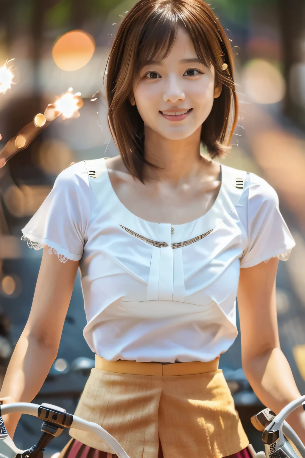 masterpiece, highest quality, Photoreal, Super detailed, finely, High resolution, 8k wallpaper, Professional, Advanced level of detail, ((One 20-year-old girl:1.2)), Slender Japanese women,cute lips, detailed clavicle, Medium chest、perfect face, (Front facing:1.2)、(Cute short hair:1.5), chestnut hair、(White blouse with mini flare skirt:1.5)、cute face、(Riding a bicycle and looking straight ahead:1.5)、(brown skin:1.5)、full body shot、(cute smile:1.5)、Balanced Professional Portion、