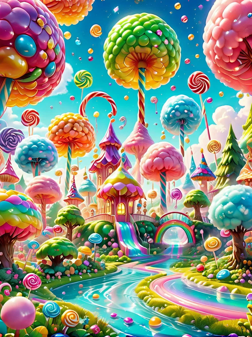 candyland,  Amusement park made of candy, magical forest, colorful candy towers, glistening rooftops, rainbow bridge, honey river, sparkly water, sweet aroma, lollipop trees, cotton candy bushes, vibrant lively atmosphere, floating shiny particles, children playing, candy slides, jelly trampolines, photo real, Shot on a 50mm lens, classic composition, masterpiece, exquisite, color correction, amazing visual effects, crazy details, intricate details, sharp focus, super high effect, HD, 8k