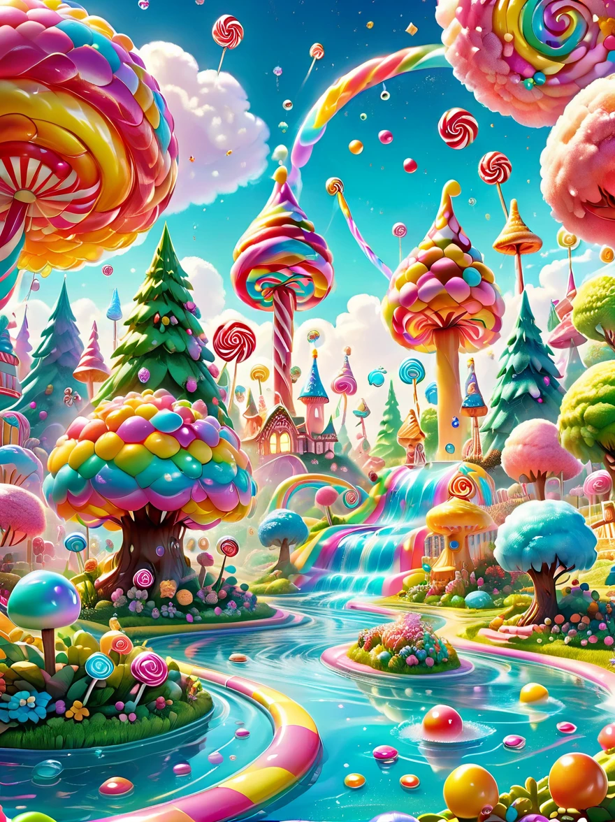 candyland,  Amusement park made of candy, magical forest, colorful candy towers, glistening rooftops, rainbow bridge, honey river, sparkly water, sweet aroma, lollipop trees, cotton candy bushes, vibrant lively atmosphere, floating shiny particles, children playing, candy slides, jelly trampolines, photo real, Shot on a 50mm lens, classic composition, masterpiece, exquisite, color correction, amazing visual effects, crazy details, intricate details, sharp focus, super high effect, HD, 8k