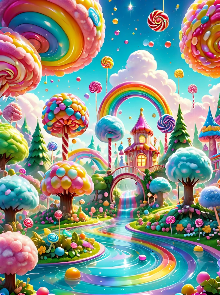 candyland,  Amusement park made of candy, magical forest, colorful candy towers, glistening rooftops, rainbow bridge, honey river, sparkly water, sweet aroma, lollipop trees, cotton candy bushes, vibrant lively atmosphere, floating shiny particles, children playing, candy slides, jelly trampolines, photo real, Shot on a 50mm lens, classic composition, masterpiece, exquisite, color correction, amazing visual effects, crazy details, intricate details, sharp focus, super high effect, HD, 8k