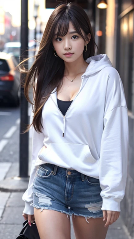 (medium chest)、Sexy cute looks and cute 15 year old beautiful girl, Beautiful and sexy face、A strong wind blows my hair in front of my face、Beautiful blonde with cute long straight hair, Sexy eyes hidden behind long bangs,slightly dark skin, troubled eyes,((slightly droopy eyes)),(((whole body))),((shorts)),(Her cleavage is visible through her hoodie),Height: 156cm
