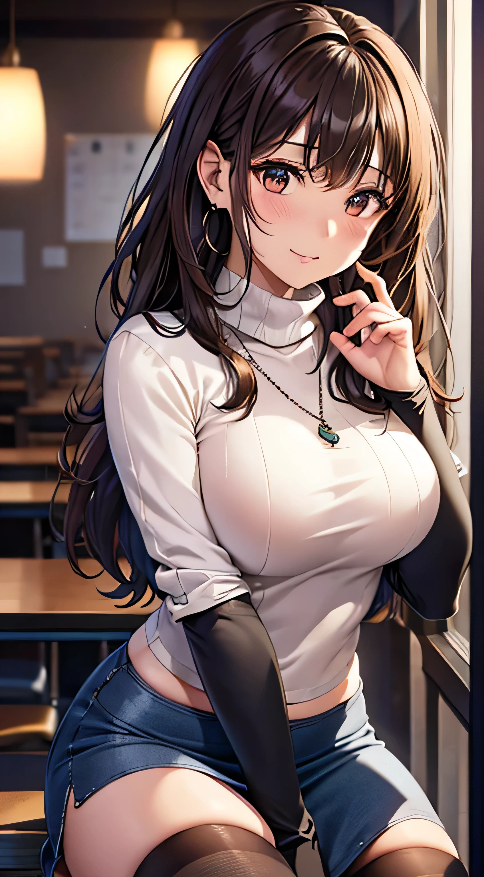 (table top, highest quality, High resolution, , perfect pixel, 4k,), 1 girl, single, alone, Beautiful woman、I could see the whole body、 ((wavy mid-length hair, bangs, brown hair)), ((brown eyes, beautiful eyelashes, realistic eyes)), ((detailed face, blush:1.2)), ((smooth texture:0.75, realistic texture:0.65, realistic:1.1, Anime CG style)), medium breasts, dynamic angle, perfect body, ((, female teacher, , earrings、necklace、turtleneck sweater、、black knee high stockings、((open both legs wide、open both knees))、Tight denim skirt、shy smile、Sitting at the pulpit、emphasize the chest、、)), 、、、evening、、(You can see her pink and white lace panties、、(、)、)、
