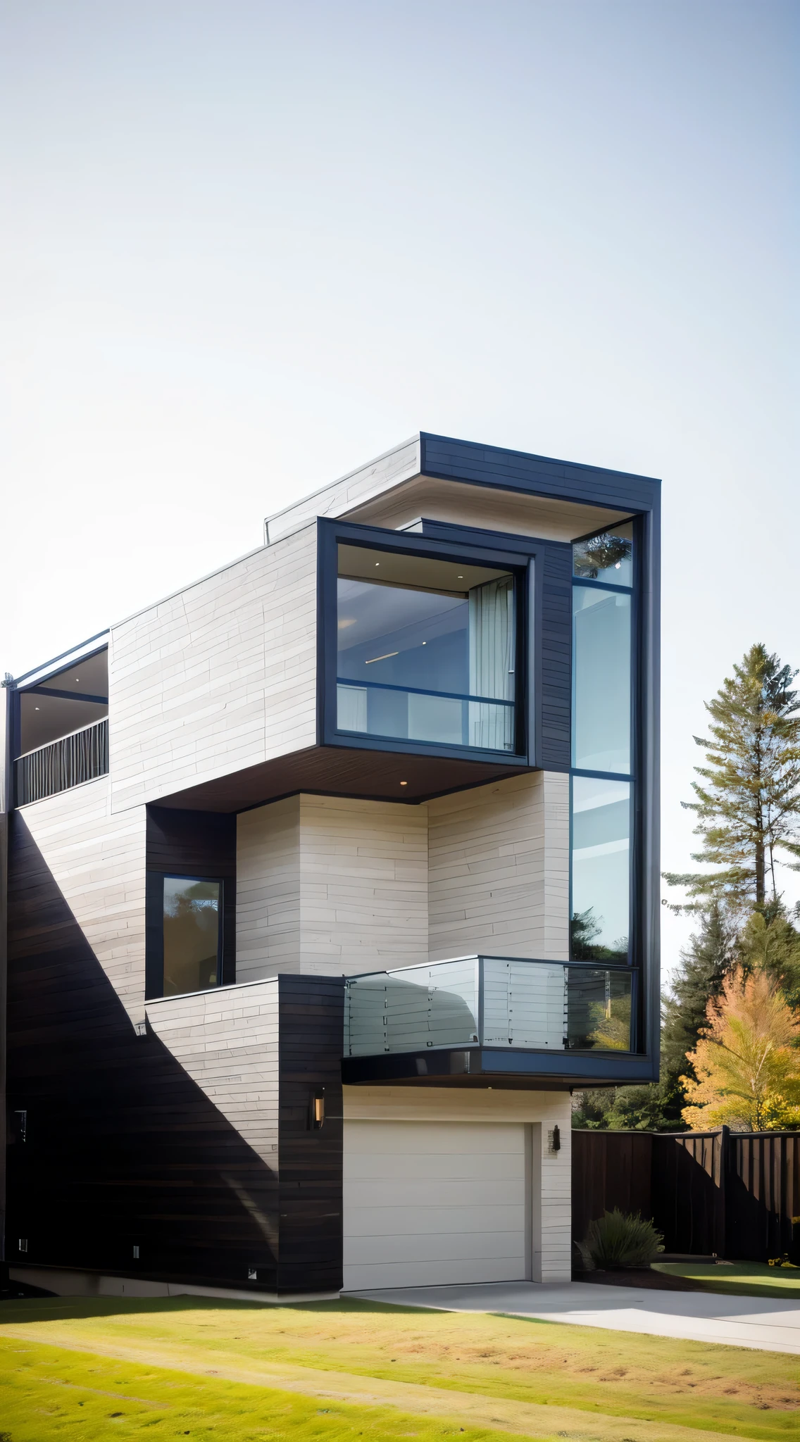 house exterior contemporary style, modernism, glass doors and windows,black metal rail, conwood ceilling, masterpiece, highquality, realistic photo, canon eos 5D mark, natural light,
