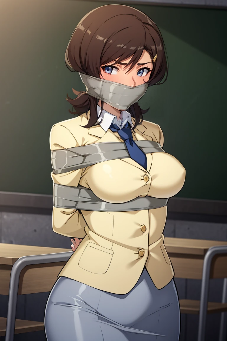 1 girl, brown hair, medium hair, wavy hair, , improvised gag, tape gag, gagged, duct tape, tape bondage, arms behind back, bound arms, large breast, , blazer, tie, classroom, cowboy shot, looking at viewer, hair clip,