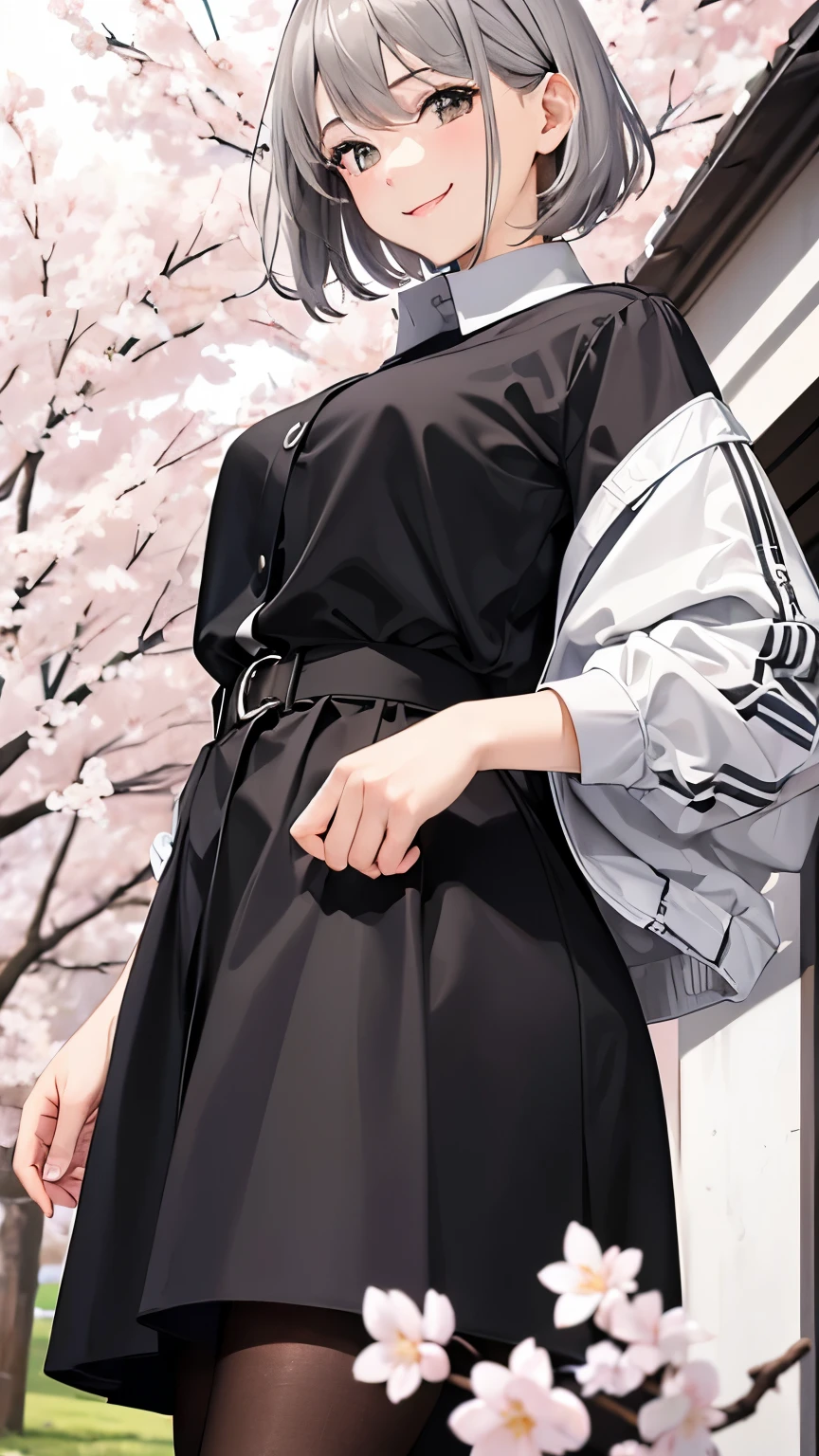 masterpiece、highest quality、High resolution、High quality images、8K、1 girl、19 years old、monochrome grayscale、detailed、目のdetailedな描写、skin luster、shiny silver short hair、Portrait、Selfie of a girl wearing a spring jacket and a spring shirt:1.5、Cherry blossom trees:1.4、 (smile:1.4)