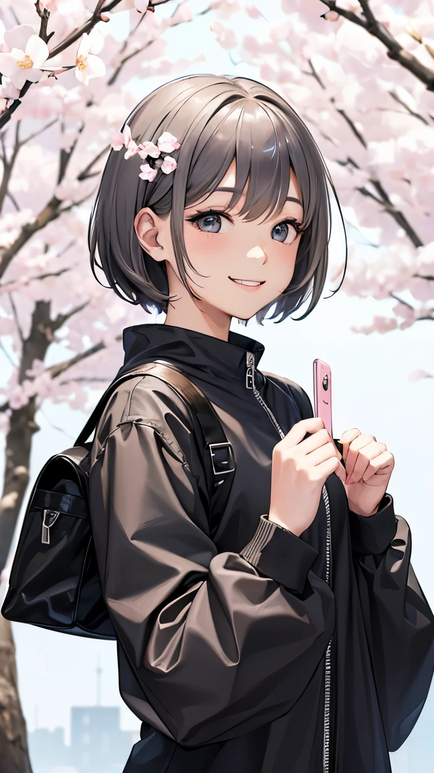 masterpiece、highest quality、High resolution、High quality images、8K、1 girl、19 years old、monochrome grayscale、detailed、目のdetailedな描写、skin luster、shiny silver short hair、Portrait、Selfie of a girl wearing a spring jacket and a spring shirt:1.5、Cherry blossom trees:1.4、 (smile:1.4)