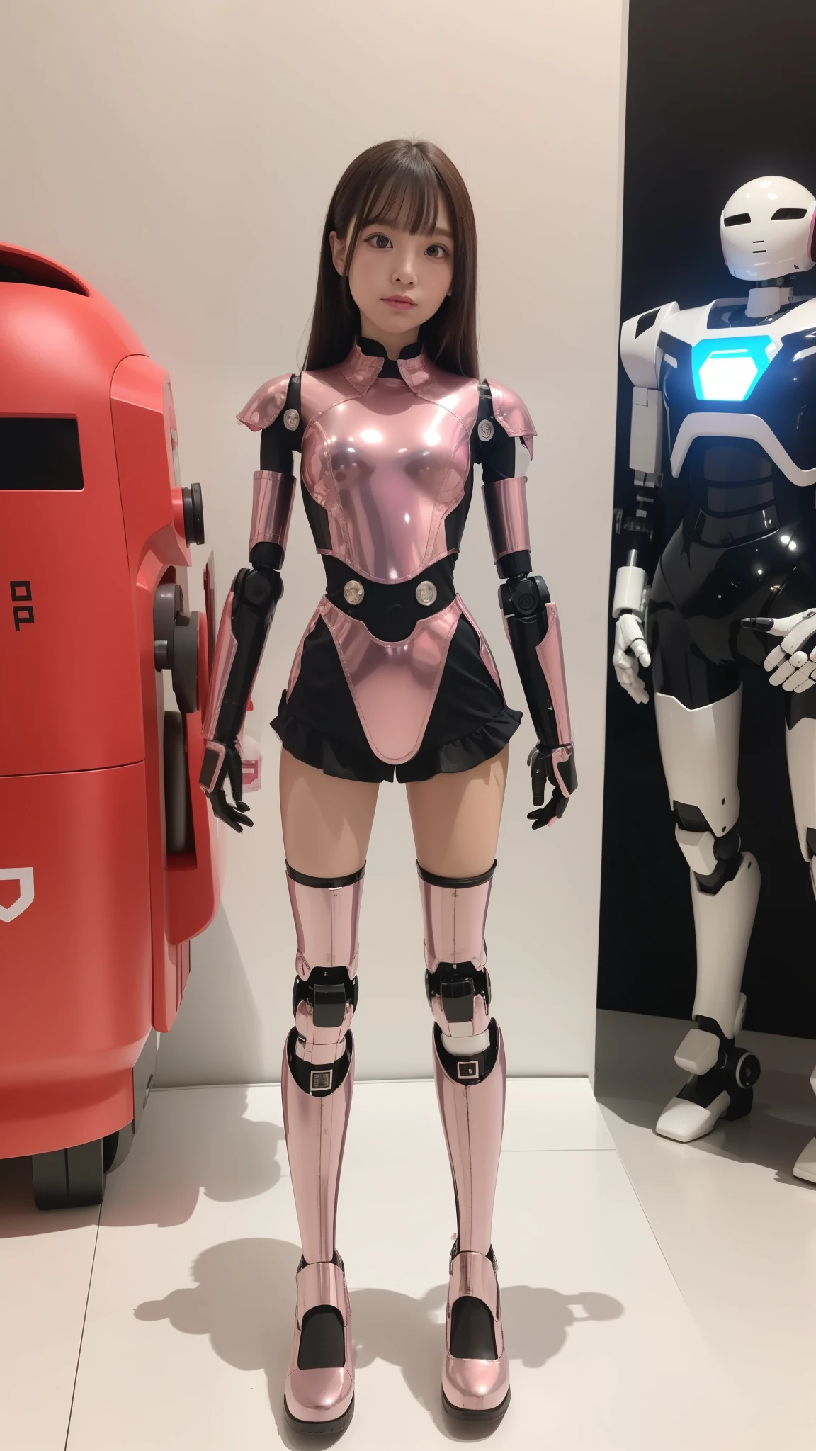 Robot Girl, pink there, Silver, Metallic body, Robot Parts, Metal Parts, Super Detailed Face, Super well-formed face, of the highest quality, a small face, a small head, Brown hair, Slender body, Camera gaze, Internal Mechanical Exposure, Idol, front facing, Well-proportioned body, sale, Exhibited, Event Hall, Moe Pose, pink metallic Lolita dress machine armor, Standing with legs open, Model body type, sad, Embarrassing,(Perfect Robot Girl),(Perfect machine body)