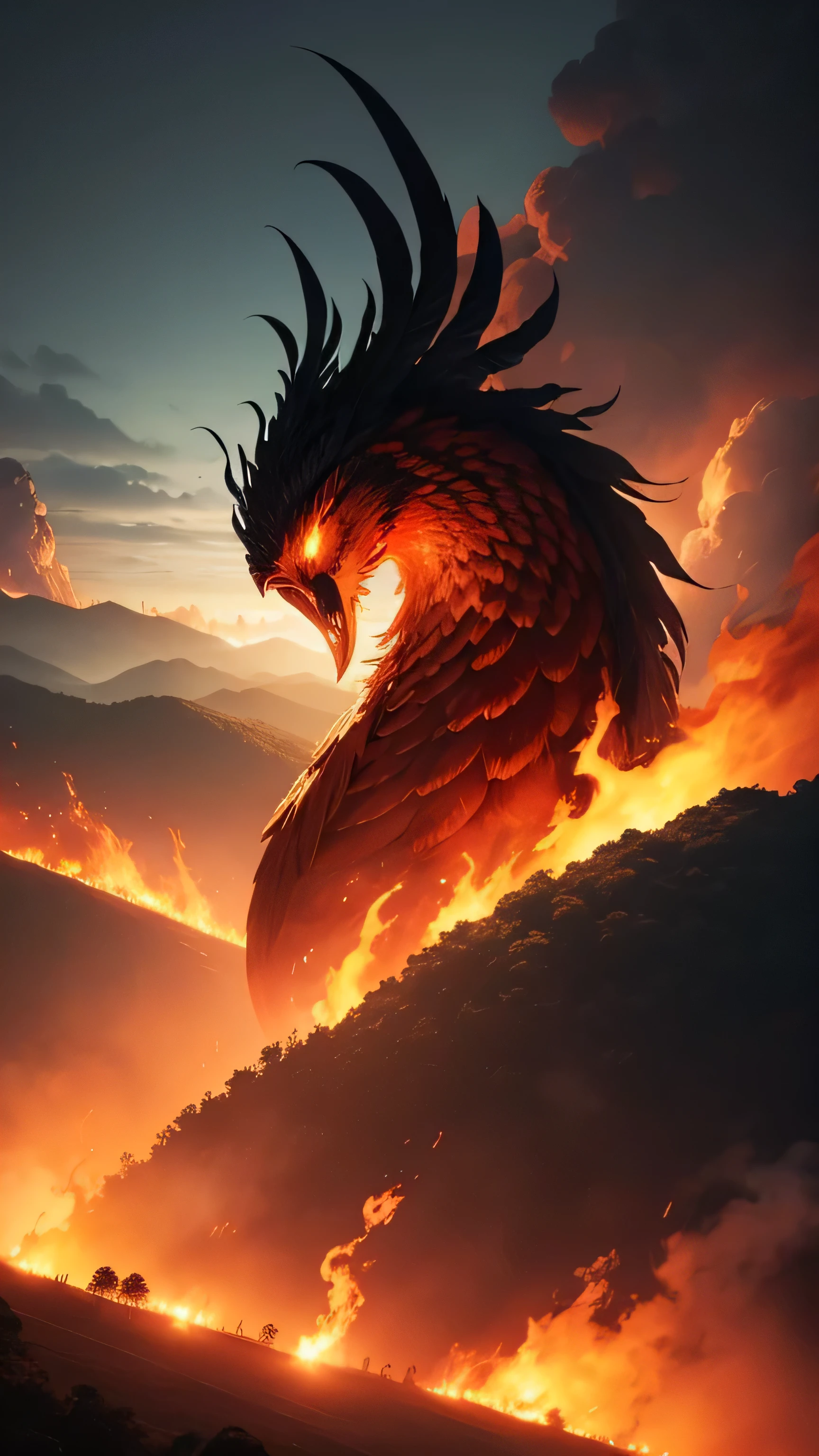 Amazon forest fires, giant Phoenix, hot atmosphere, 8k