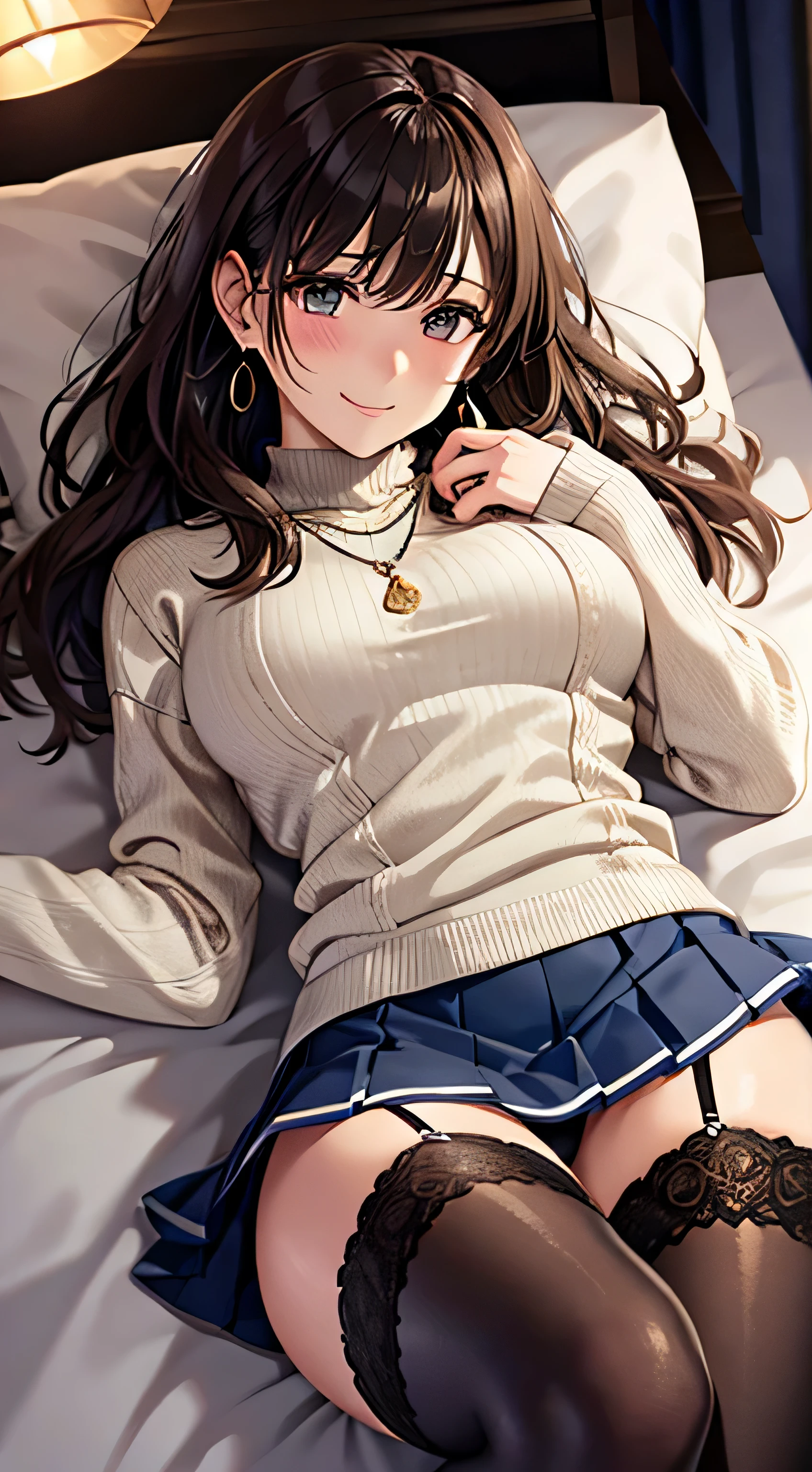 (table top, highest quality, High resolution, , perfect pixel, 4k,), 1 girl, single, alone, Beautiful woman、I could see the whole body、 ((wavy mid-length hair, bangs, brown hair)), ((brown eyes, beautiful eyelashes, realistic eyes)), ((detailed face, blush:1.2)), ((smooth texture:0.75, realistic texture:0.65, realistic:1.1, Anime CG style)), soft , dynamic angle, perfect body, ((,, , earrings、necklace、Beige turtleneck sweater、dark blue pleated skirt、black knee high stockings、open both 、open both knees、open both arms、shy smile)),、、、、(luxury hotel bed、sleep on your back)、、、(You can see the light blue and white lace ))、angle from below)、