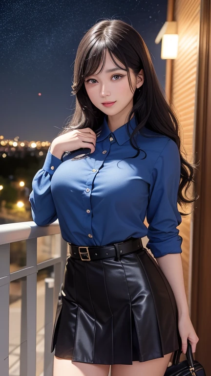 woman((30 years old)), hair((long, wavy, Black)), Eye((big deal Eye, blue Eye)), clothing((shirt, tight skirt)), Accessories ((hair clip, belt)), 巨big deal乳房, [[特写cleavage]]]]巨big deal长下垂的乳房, cleavage, The chest is more exposed，big deal , starry sky, night sky, balcony, night city, smile emoticon, 