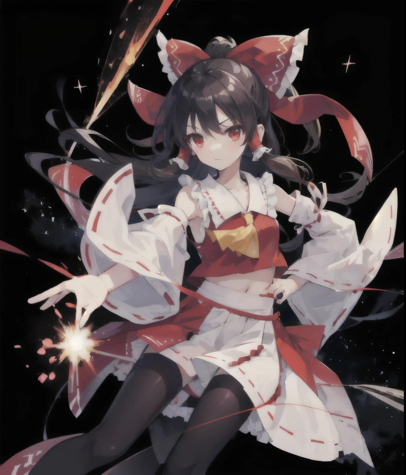 Hakurei Reimu,bright characters,Lovely,Exploding Clothes Illustration,clear,night sky,lights,Many bright stars,A lot of meteors,red eyes,Two dimensions,black sleeves,top quality, masterpiece,hair accessories,Moderate, Black and red mixed clothing,