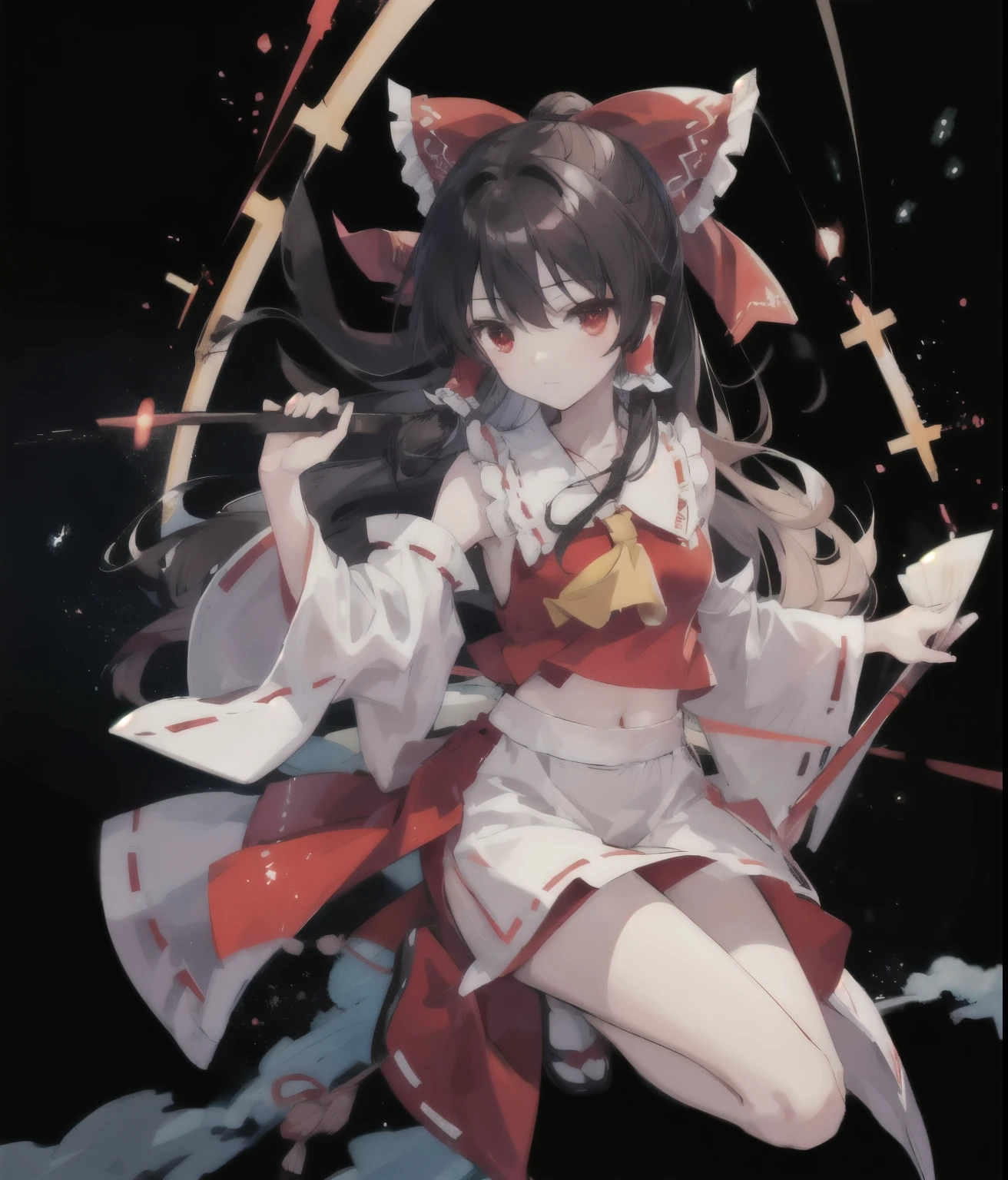 Hakurei Reimu,bright characters,Lovely,Exploding Clothes Illustration,clear,night sky,lights,Many bright stars,A lot of meteors,red eyes,Two dimensions,black sleeves,top quality, masterpiece,hair accessories,Moderate, Black and red mixed clothing,