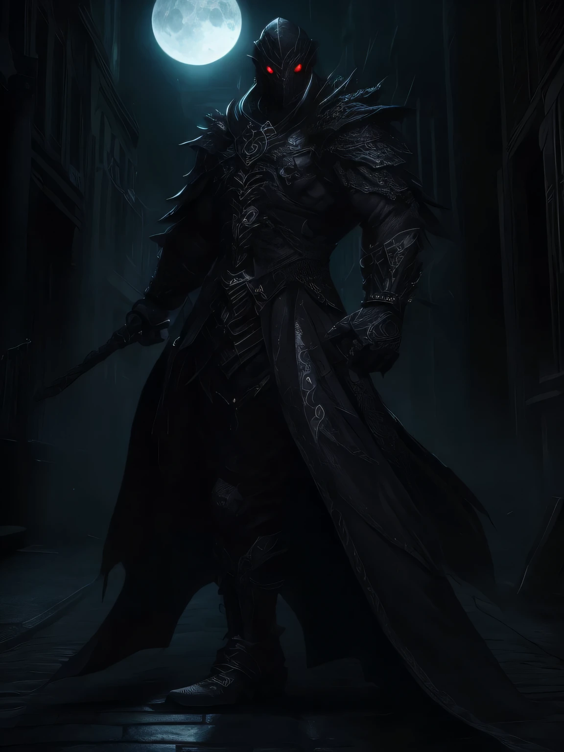 Black scale monster，city street，The moonlight shines brightly，The scales on the body are clearly visible，horrifying，Red eyes。