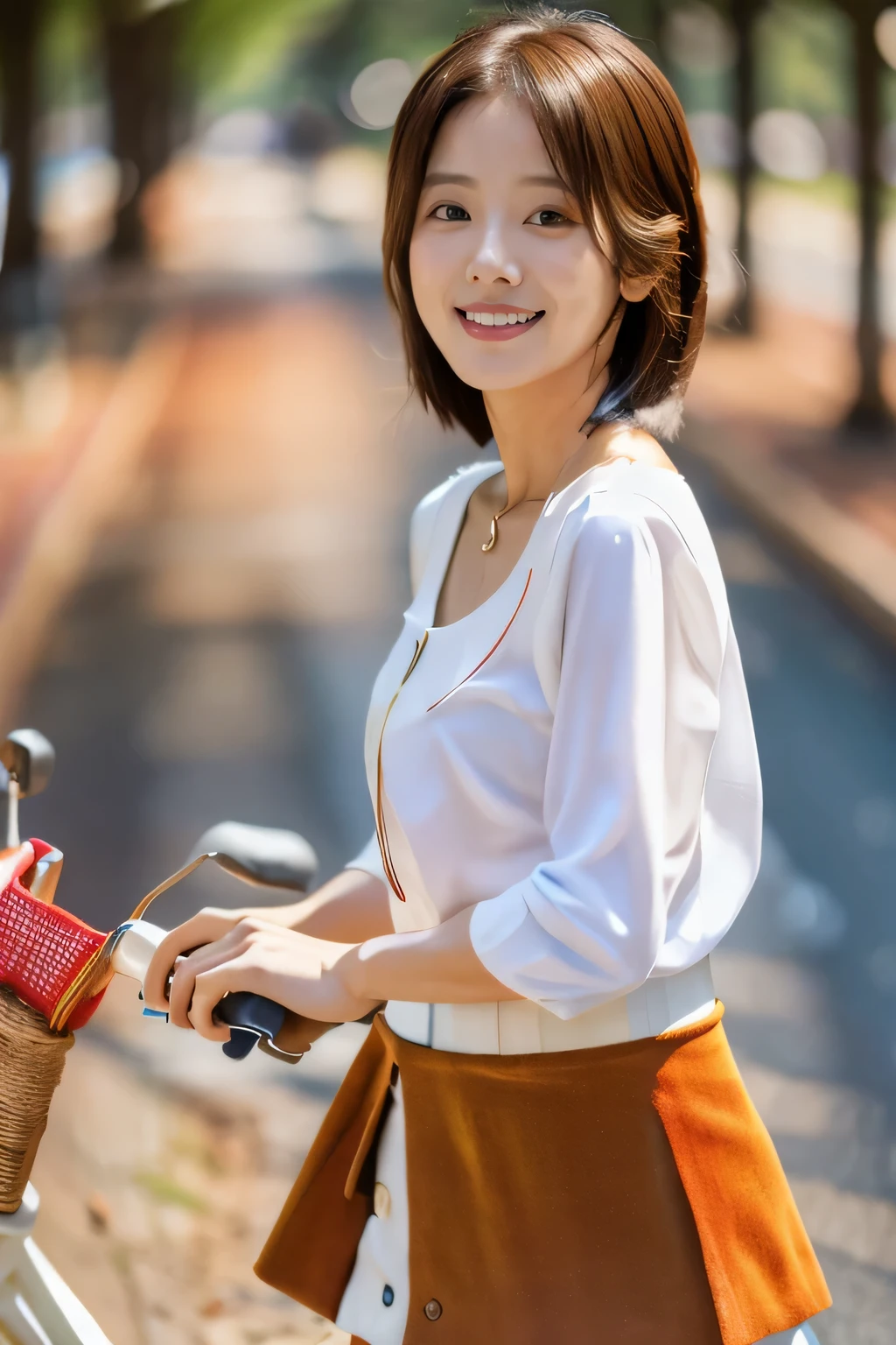 masterpiece, highest quality, Photoreal, Super detailed, finely, High resolution, 8k wallpaper, Professional, Advanced level of detail, ((One 20-year-old girl:1.2)), Slender Japanese women,cute lips, detailed clavicle, Medium chest、perfect face, (Front facing:1.2)、(Cute short hair:1.5), chestnut hair、(White blouse with mini flare skirt:1.5)、cute face、(Riding a bicycle and looking straight ahead:1.5)、(brown skin:1.5)、(full body shot:1.5)、(cute smile:1.5)、Balanced Professional Portion、
