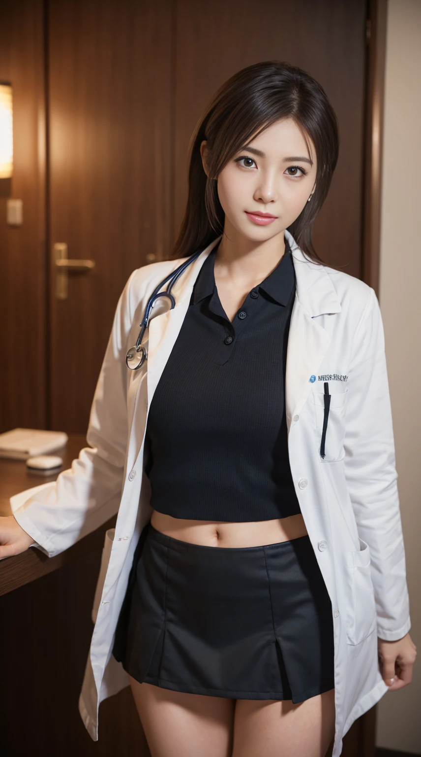 Photorealistic beautiful doctor、amazingly beautiful、doctor'Under her white coat is sexy red underwear, collared shirt、(highest quality、8K、32k、masterpiece、nfsw:1.3)、ultra high resolution,(Photoreal:1.4),Raw photo, detailed face,,beautiful hair, ((doctor style)), , black tight skirt、 natural makeup,, big and full breasts、Inside the hospital, detailed background, perfect lighting, Depth of written boundary, beautiful shadow gradation,Stethoscope ,NSFW、Beautiful female doctor、Fall in love、Her underwear is visible、Sit in the examination chair、