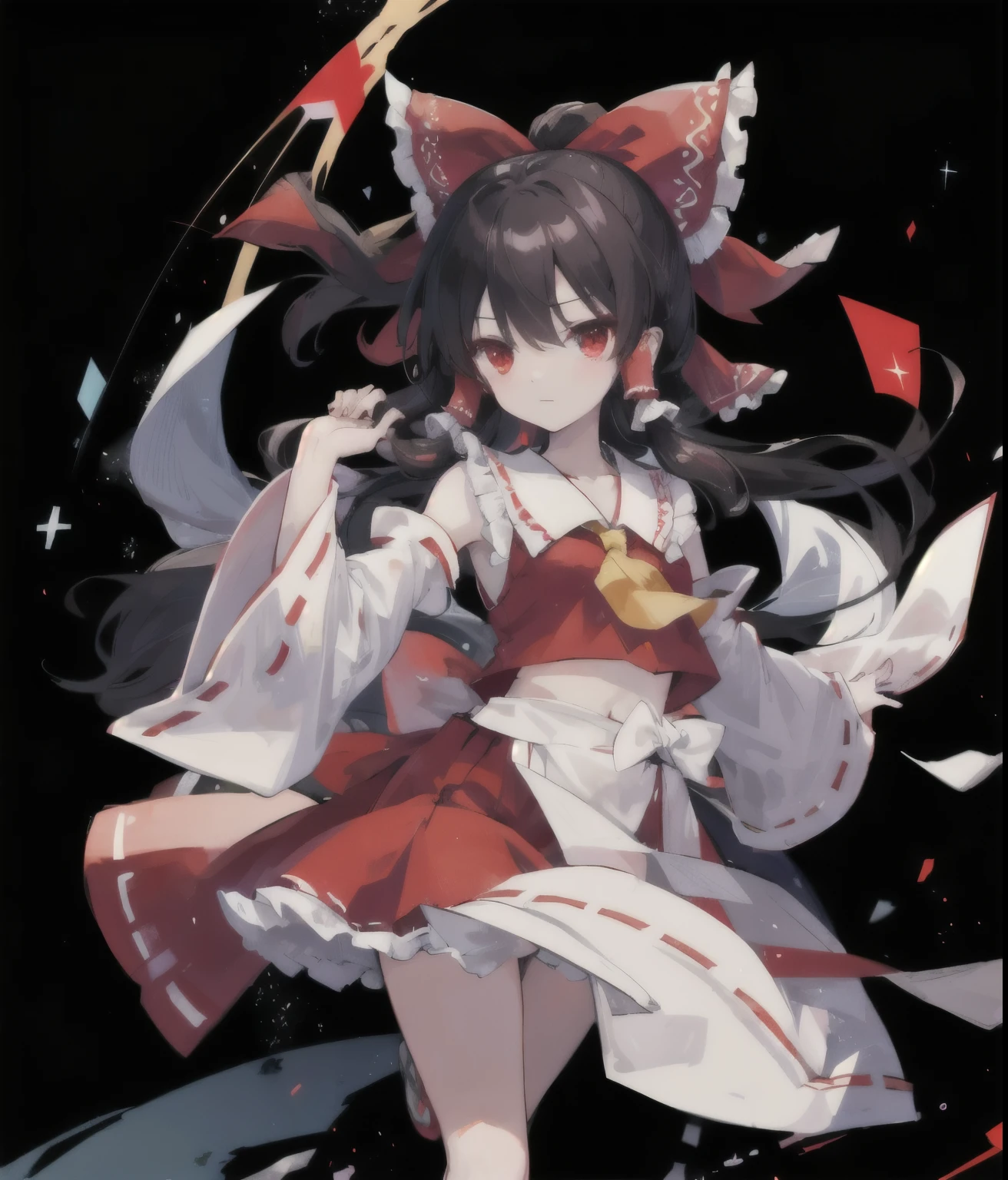 Hakurei Reimu,bright characters,Lovely,Exploding Clothes Illustration,clear,night sky,lights,Many bright stars,A lot of meteors,red eyes,Two dimensions,black sleeves,top quality, masterpiece,hair accessories,Moderate, Black and red mixed clothing,