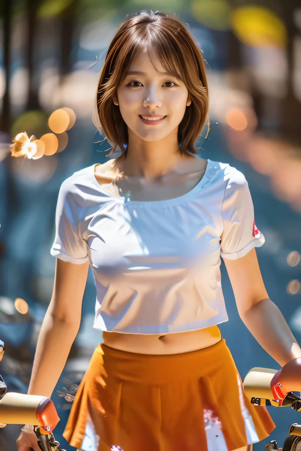 masterpiece, highest quality, Photoreal, Super detailed, finely, High resolution, 8k wallpaper, Professional, Advanced level of detail, ((One 20-year-old girl:1.2)), Slender Japanese women,cute lips, detailed clavicle, Medium chest、perfect face, (Front facing:1.2)、(Cute short hair:1.5), chestnut hair、(White blouse with mini flare skirt:1.5)、cute face、(Riding a bicycle and looking straight ahead:1.5)、(brown skin:1.5)、(full body shot:1.5)、(cute smile:1.5)、Balanced Professional Portion、