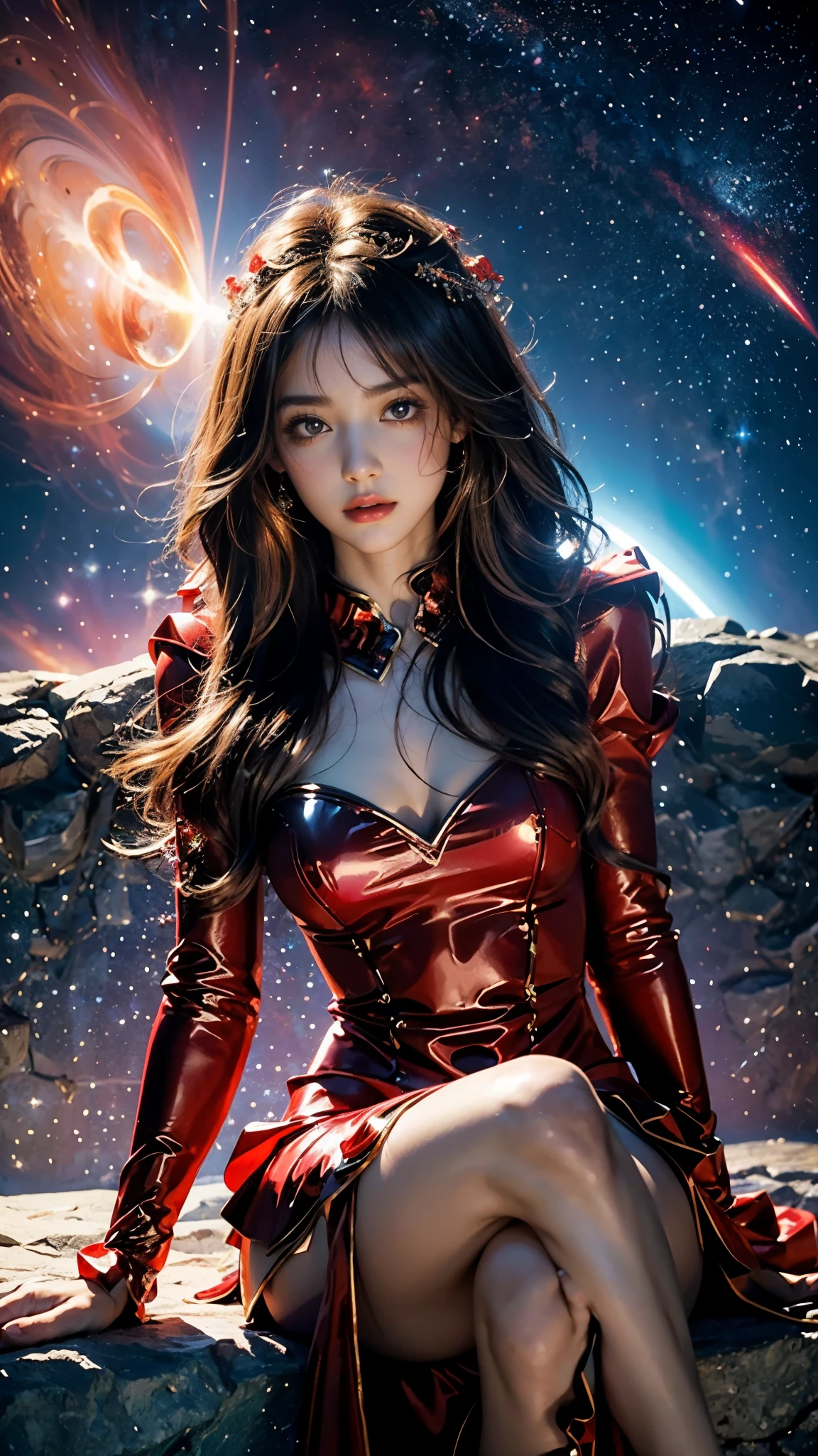 4K Ultra HD, Masterpiece, A girl with a magical aura, (good face:1.2), Long hair, Detailed eyes, Glossy lips, ta costume, (red costume:1.5), The aura around the body, Magical effect, Spread white light, Cosmic elements and ethereal atmosphere, A mix of bright lights and colorful nebulae, universe background, Perfect body, sitting,
