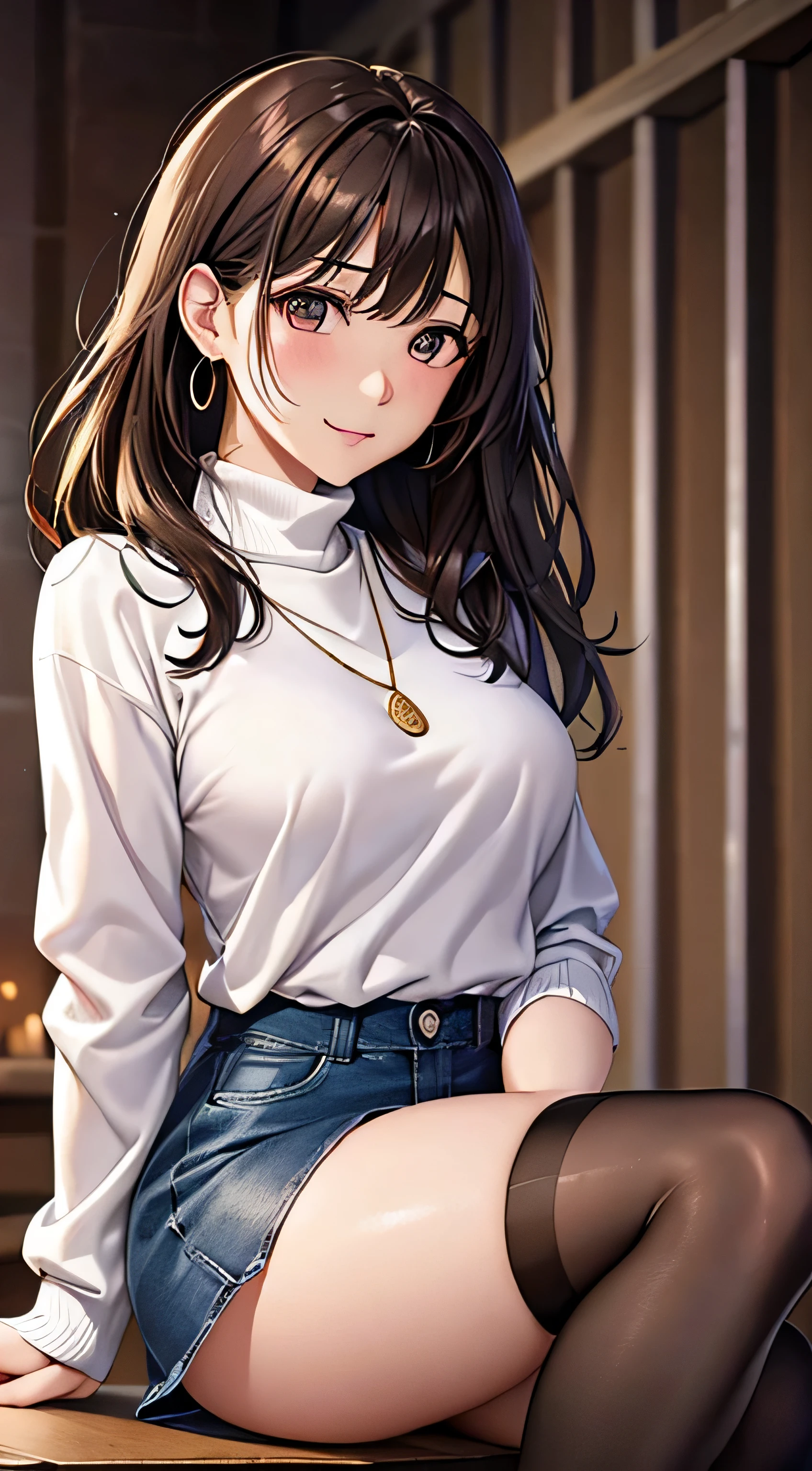 (Tabletop: 1.3), (Maximum resolution: 1.2), (Ultra HD TV: 1.2), Cinematic light, Ultra HD TV, (Detailed eyes and skin), (Detailed facial features), Hmph, 8k resolution, Sharp focus: 1.2, Perfect Style, Beautiful Face, Perfect body, Accurate, Anatomically correct, Highly detailed face and skin texture, Detailed eyes, Dark blue eyes, double eyelid, Thin eyebrows, Glitter Eyeliner: 1.2, Natural Cheeks, Glowing Skin, Fair skin: 1.2, Shiny little necklace and earrings, (Glossy Lips: 1.4), break, First Person View, (She is a very cute female teacher), (sexy lace panties), (Captivating smile: 1.2), ((Pure and cute girl:1.3)), (Long Wavy Hair), (Light Brown Hair:1.2), (Cowboy Shot: 1.2), break, ((Very close relationship: 1.2)), Medium large breasts, ((View your viewers:1.2)), ((at the library:1.2)), ((Bend your knees and open your legs wide:1.2)), (From the side:1.2),Low angle shot,Full Body Shot A light-colored, long-sleeved, tight-fitting sweater Tight mini skirt Embarrassed look Kamimei