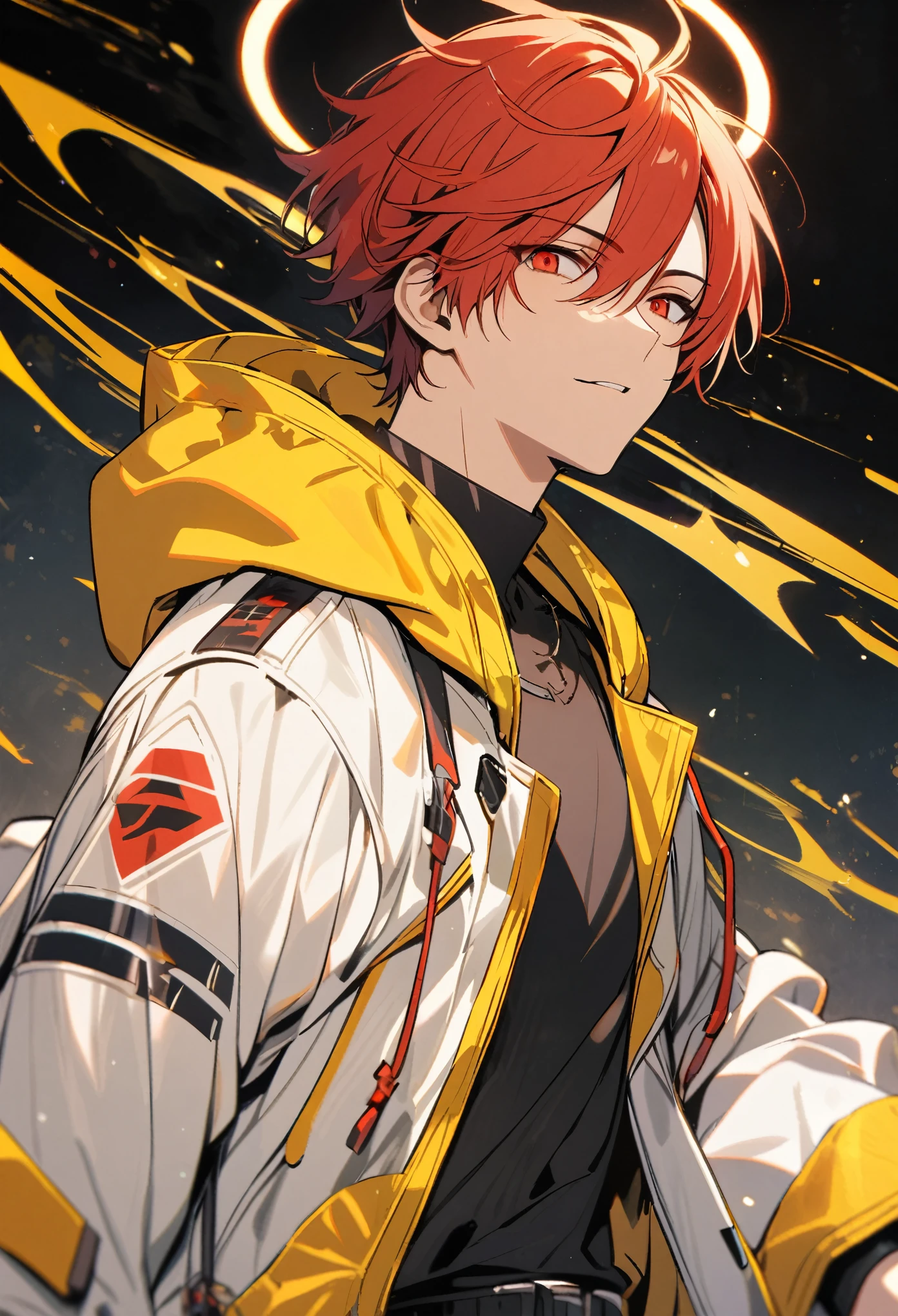 Handsome, male, short hair, red hair, red eyes, black shirt, yellow hooded, white coat, halo