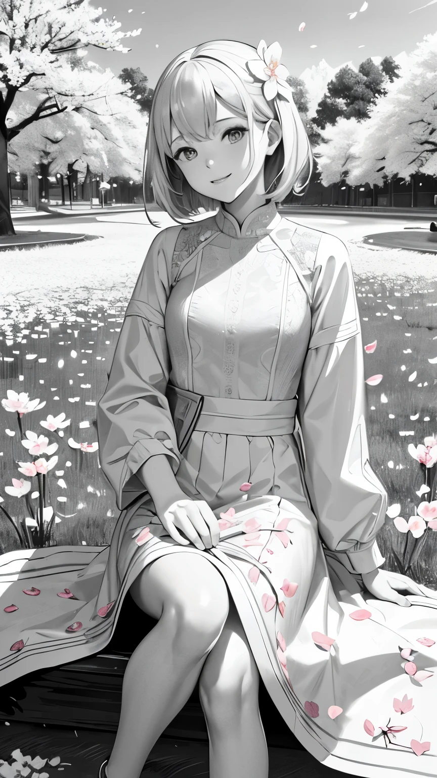 masterpiece、highest quality、High resolution、High quality images、8K.1 female、(monochrome grayscale:1.5)、skin luster、Texture of skin and clothing、detailed、Expression of fine eyes、shiny hair、Full body Esbian、platinum blonde short hair、I&#39;m wearing a spring jacket、 (Cherry blossom trees:1.4), (A girl sitting quietly on the grass in the park:1.5), (smile:1.4)