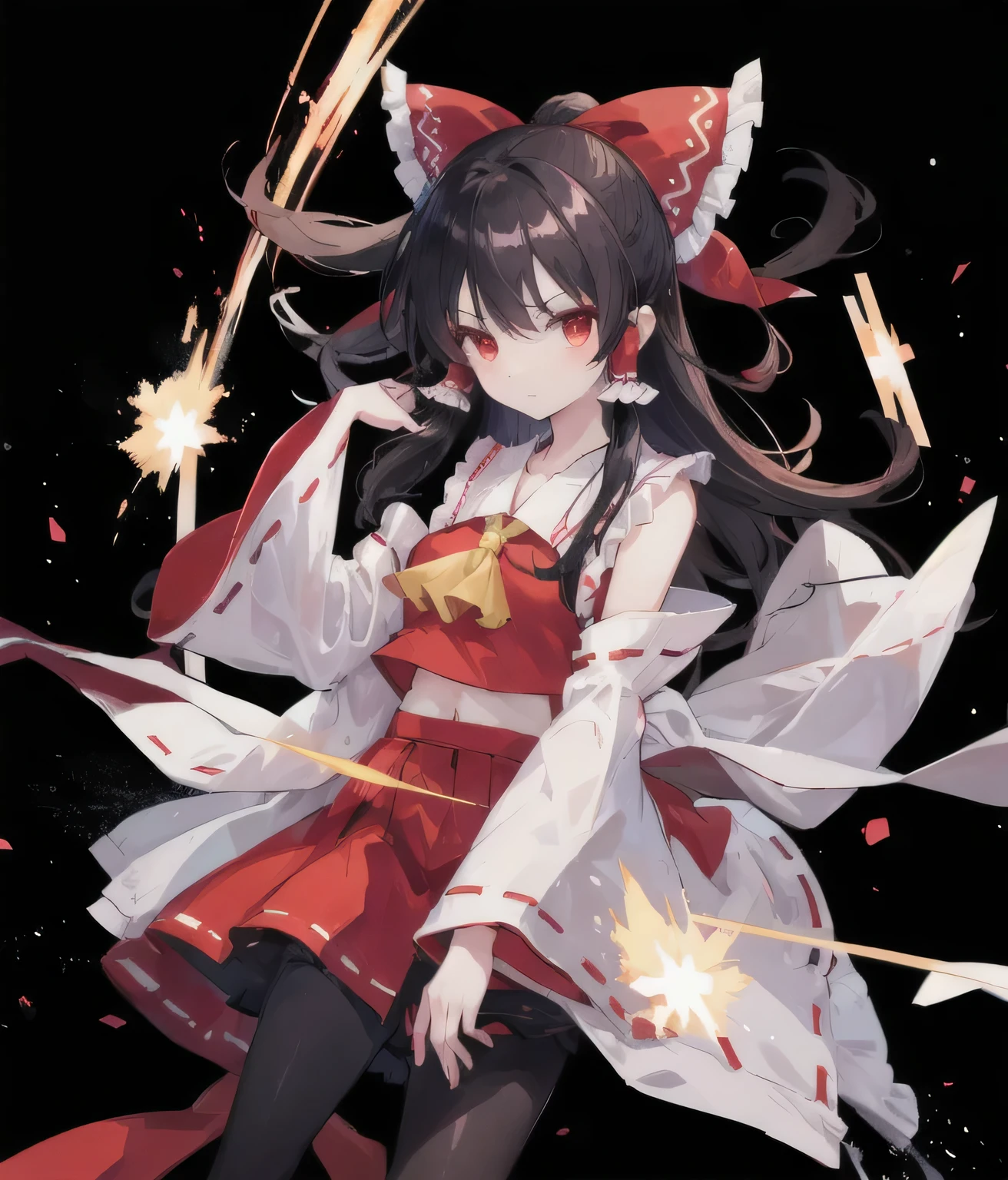 Hakurei Reimu，bright characters，Lovely，Exploding Clothes Illustration，clear，night sky，lights，Many bright stars，A lot of meteors，red eyes，Two dimensions，black sleeves，top quality, masterpiece,hair accessories，Moderate, Black and red mixed clothing,