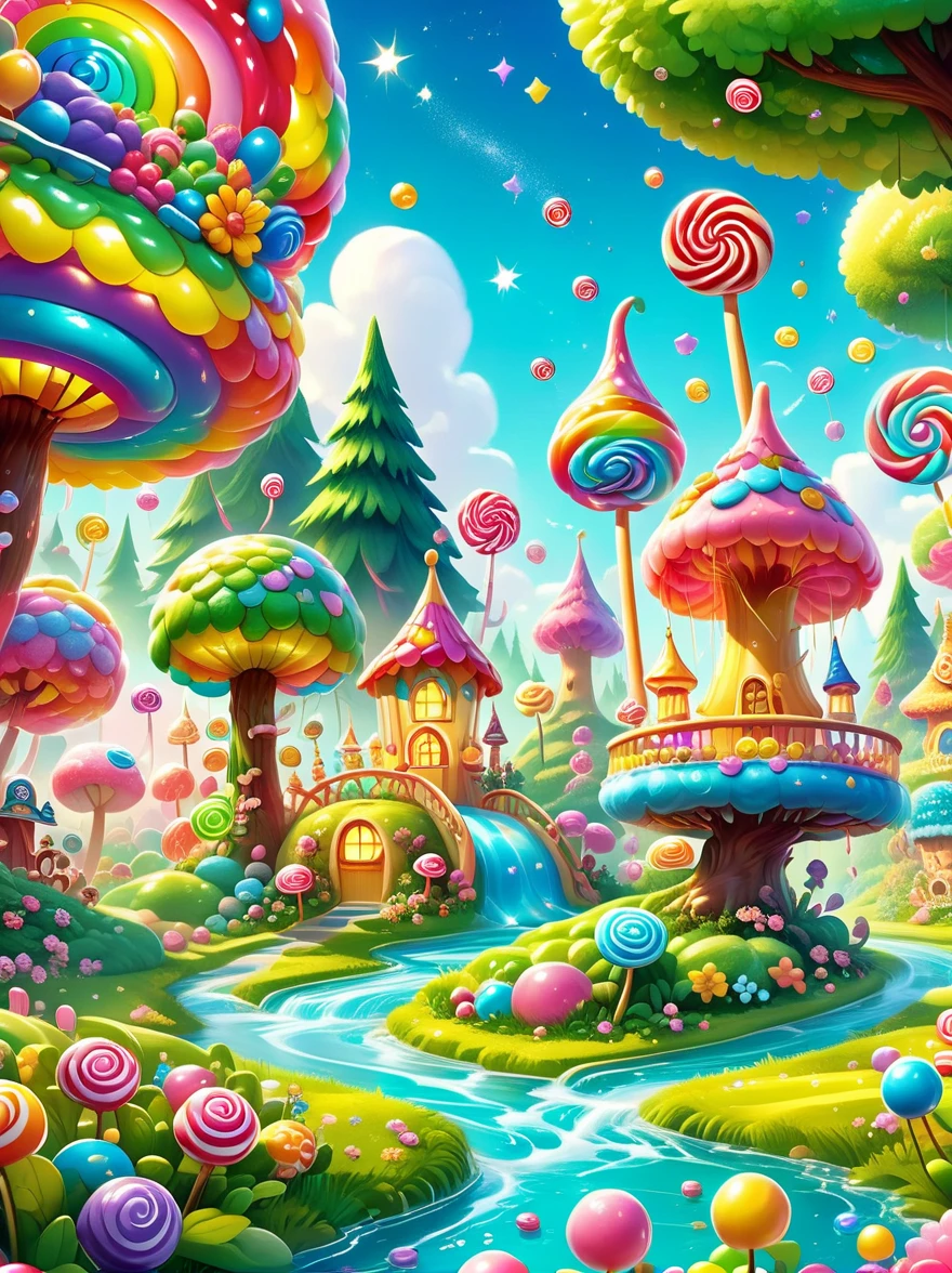 The dreamy candy paradise is set in a vast magical forest，Colorful candies tower like buildings，The candy roof shines brightly，Rainbow Bridge spans over the Honey River，The river is sparkling，Exudes a sweet aroma，There are all kinds of strange plants scattered around.，Like lollipop trees and cotton candy bushes，Adds a vivid and lively atmosphere to the scene，Tiny glitter floating in the air，It adds a touch of mystery to this paradise.，In this imaginative scene，Children are laughing and playing on the candy slide and jelly trampoline